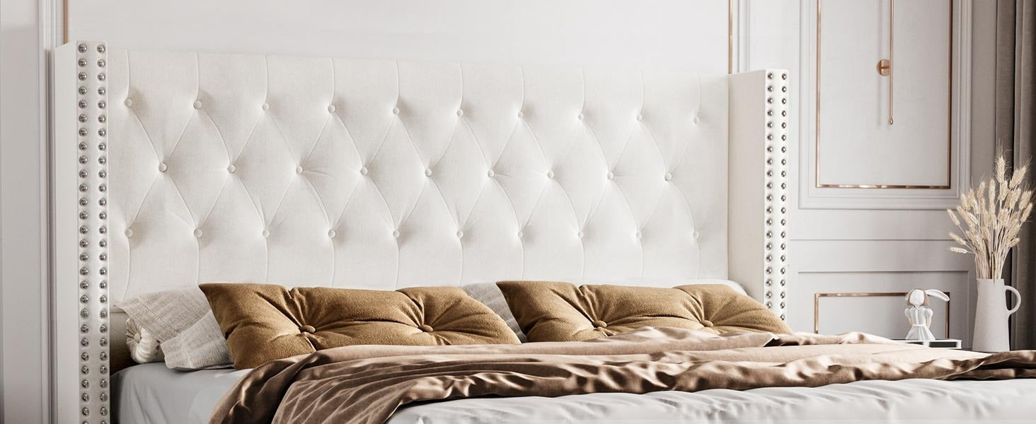 AMERLIFE Bed Frame with 49.2" Wingback Headboard, Upholstered Velvet Bed with Tufted Diamond Button/No Box Spring Needed/Easy Assembly/Christmas Gift