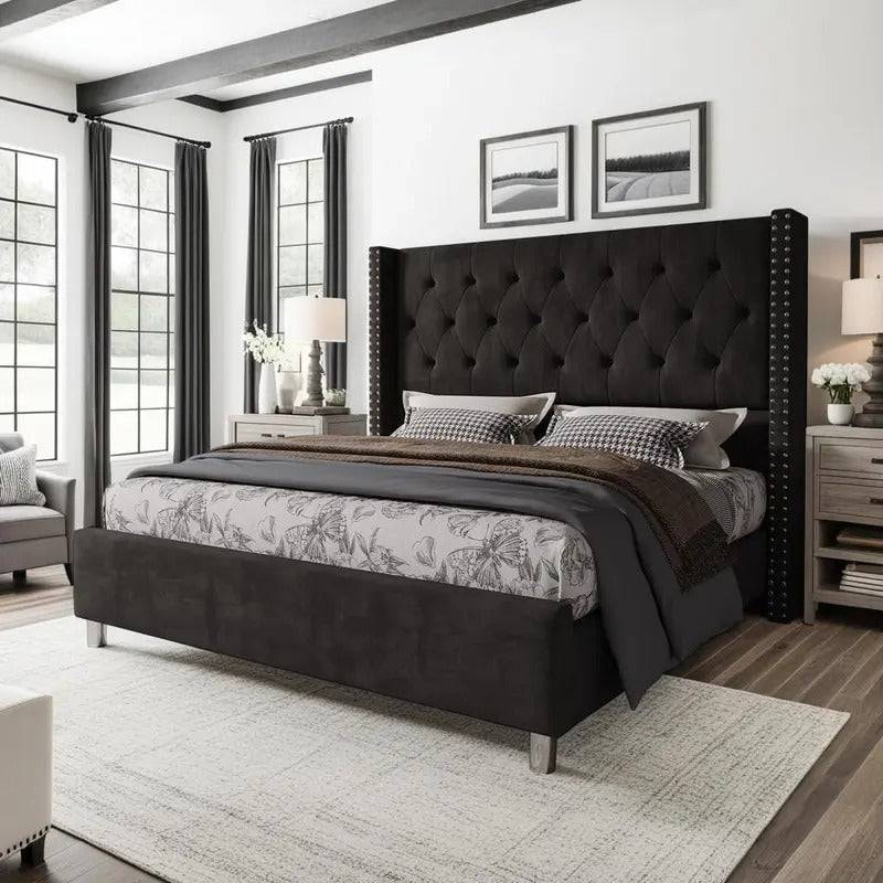 AMERLIFE Bed Frame with 49.2" Wingback Headboard, Upholstered Velvet Bed with Tufted Diamond Button/No Box Spring Needed/Easy Assembly/Christmas Gift