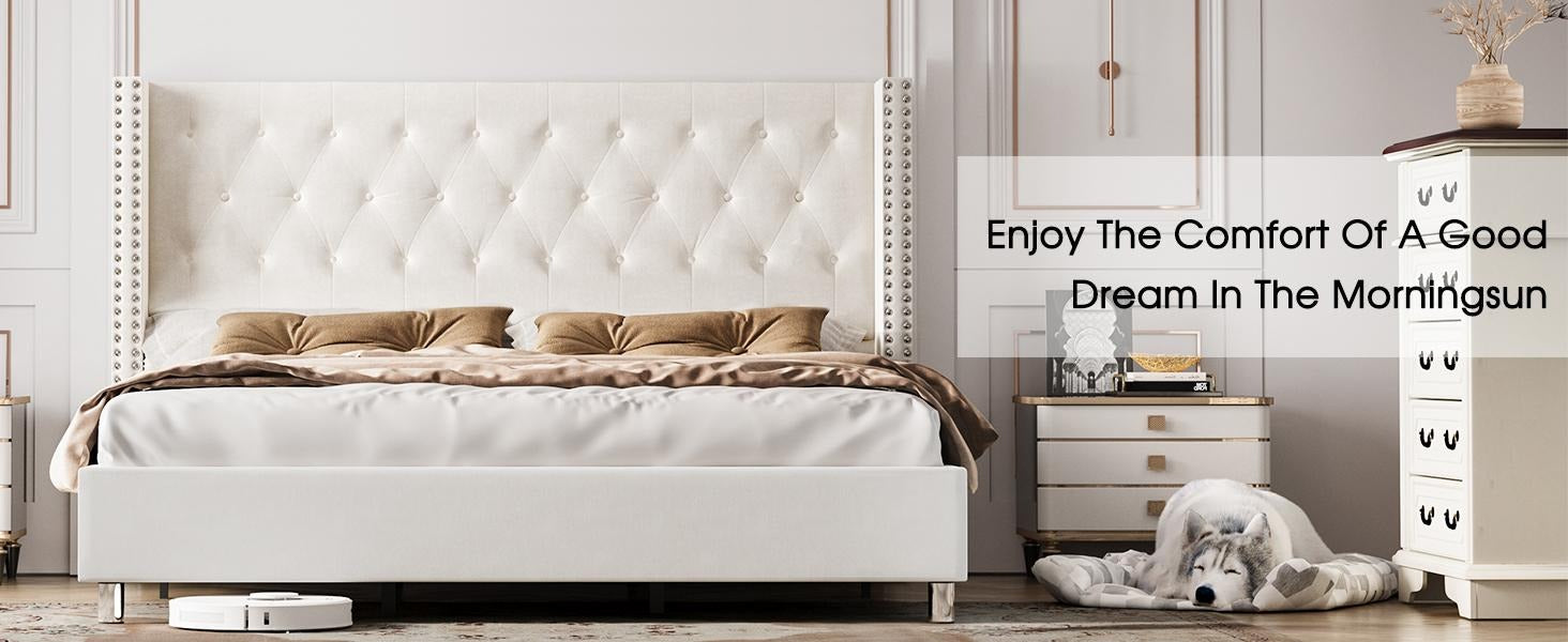 AMERLIFE Bed Frame with 49.2" Wingback Headboard, Upholstered Velvet Bed with Tufted Diamond Button/No Box Spring Needed/Easy Assembly/Christmas Gift