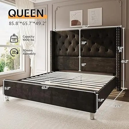 AMERLIFE Bed Frame with 49.2" Wingback Headboard, Upholstered Velvet Bed with Tufted Diamond Button/No Box Spring Needed/Easy Assembly/Christmas Gift