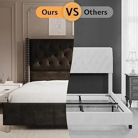 AMERLIFE Bed Frame with 49.2" Wingback Headboard, Upholstered Velvet Bed with Tufted Diamond Button/No Box Spring Needed/Easy Assembly/Christmas Gift