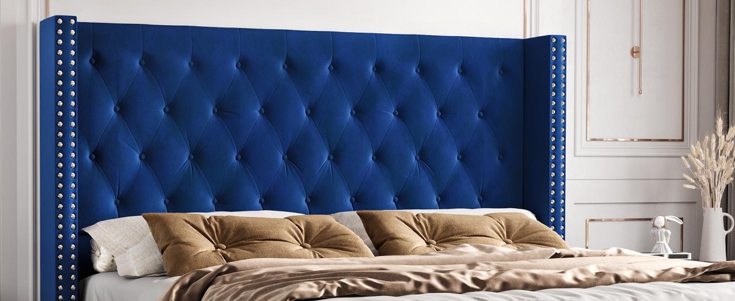 AMERLIFE Bed Frame with 49.2" Wingback Headboard, Upholstered Velvet Bed with Tufted Diamond Button/No Box Spring Needed/Easy Assembly/Christmas Gift