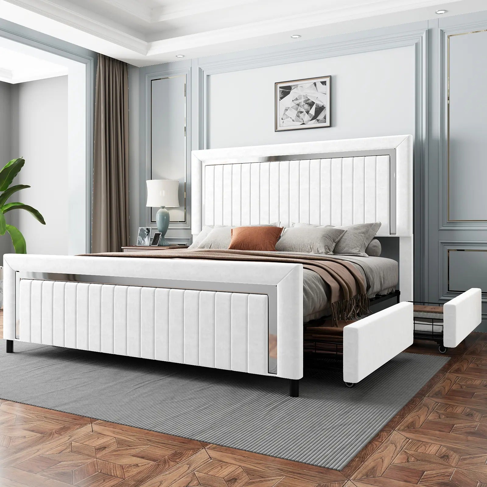 AMERLIFE Modern Upholstered Platform Bed Frame with 4 Storage Drawers and LED Light, Adjustable Headboard with Vertical Channel, No Box Spring Needed/Christmas Gift/Best Gift Ideas