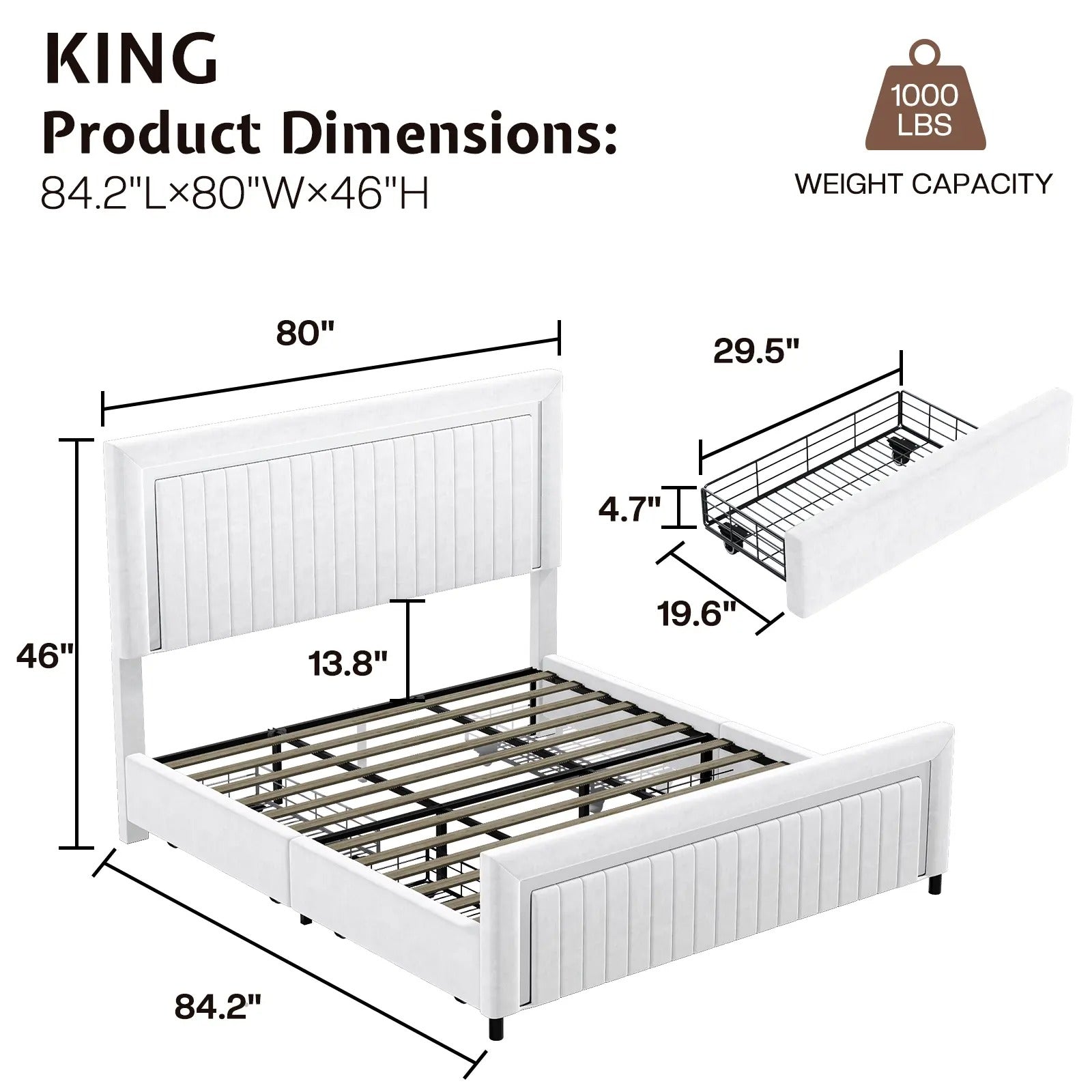 AMERLIFE Modern Upholstered Platform Bed Frame with 4 Storage Drawers and LED Light, Adjustable Headboard with Vertical Channel, No Box Spring Needed/Christmas Gift/Best Gift Ideas
