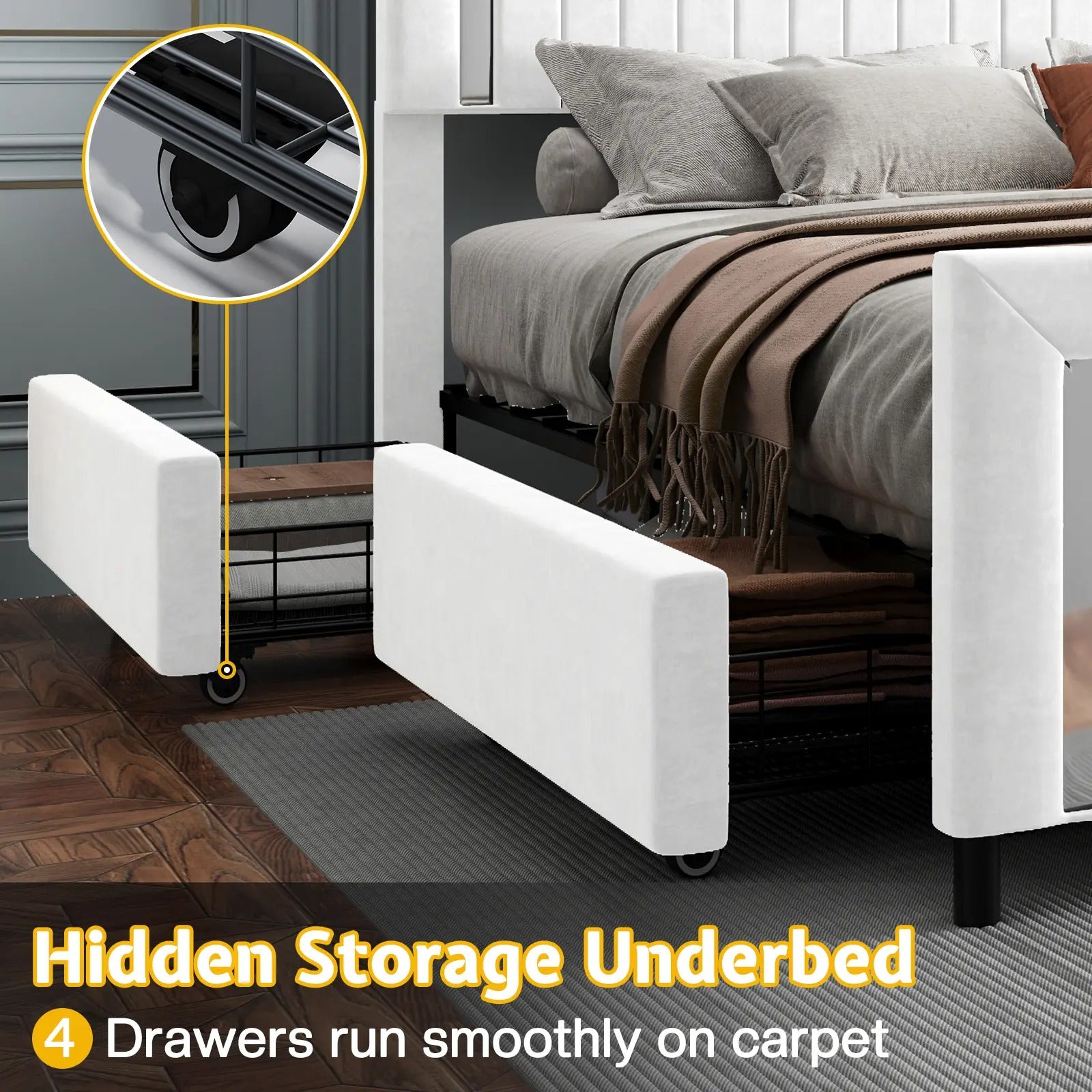 AMERLIFE Modern Upholstered Platform Bed Frame with 4 Storage Drawers and LED Light, Adjustable Headboard with Vertical Channel, No Box Spring Needed/Christmas Gift/Best Gift Ideas