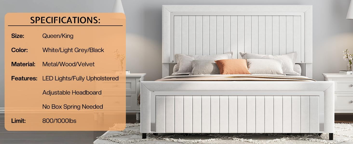 AMERLIFE Modern Upholstered Platform Bed Frame with 4 Storage Drawers and LED Light, Adjustable Headboard with Vertical Channel, No Box Spring Needed/Christmas Gift/Best Gift Ideas