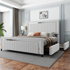 AMERLIFE Modern Upholstered Platform Bed Frame with 4 Storage Drawers and LED Light, Adjustable Headboard with Vertical Channel, No Box Spring Needed/Christmas Gift/Best Gift Ideas