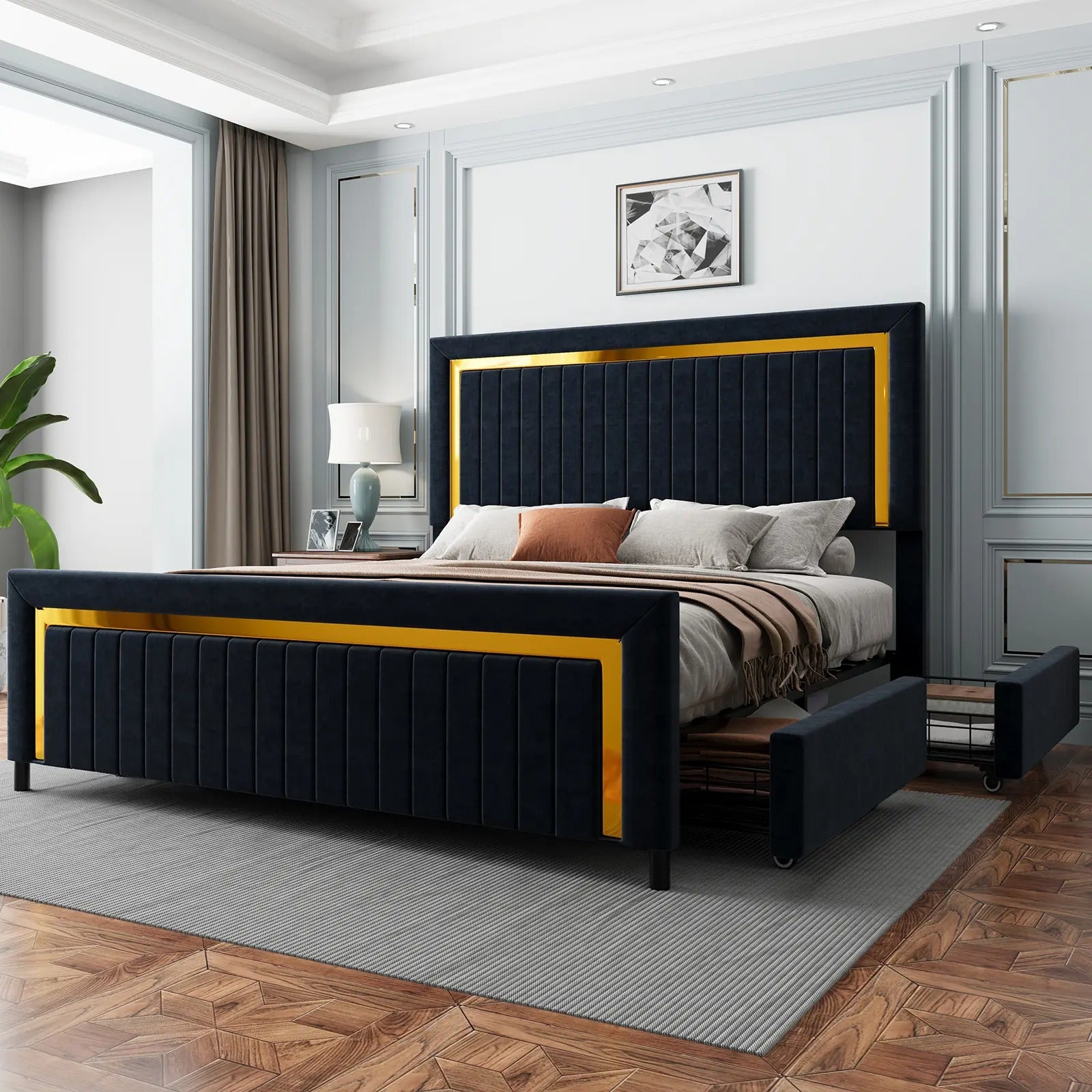 AMERLIFE Modern Upholstered Platform Bed Frame with 4 Storage Drawers and LED Light, Adjustable Headboard with Vertical Channel, No Box Spring Needed/Christmas Gift/Best Gift Ideas