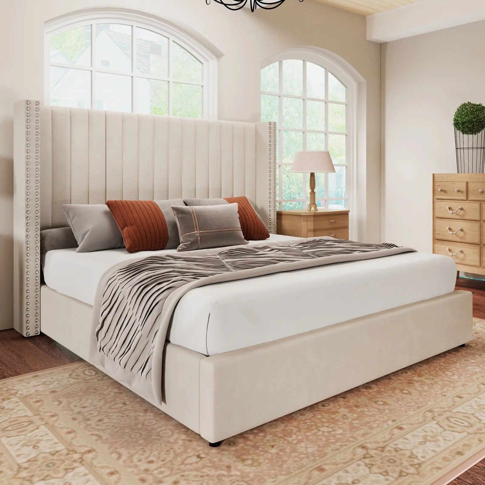 AMERLIFE Bed Frame with Headboard Lift Up Storage Bed, Velvet Upholstered Bed Frame With Channel Tufted Wingback Headboard/Christmas Gift/Best Gift Ideas