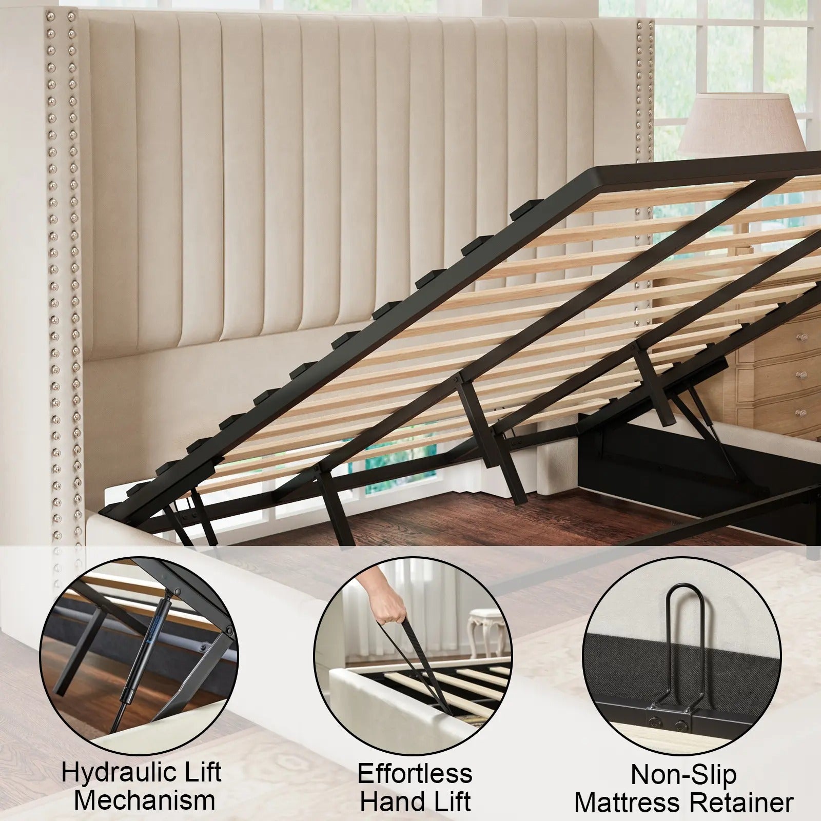 AMERLIFE Bed Frame with Headboard Lift Up Storage Bed, Velvet Upholstered Bed Frame With Channel Tufted Wingback Headboard/Christmas Gift/Best Gift Ideas