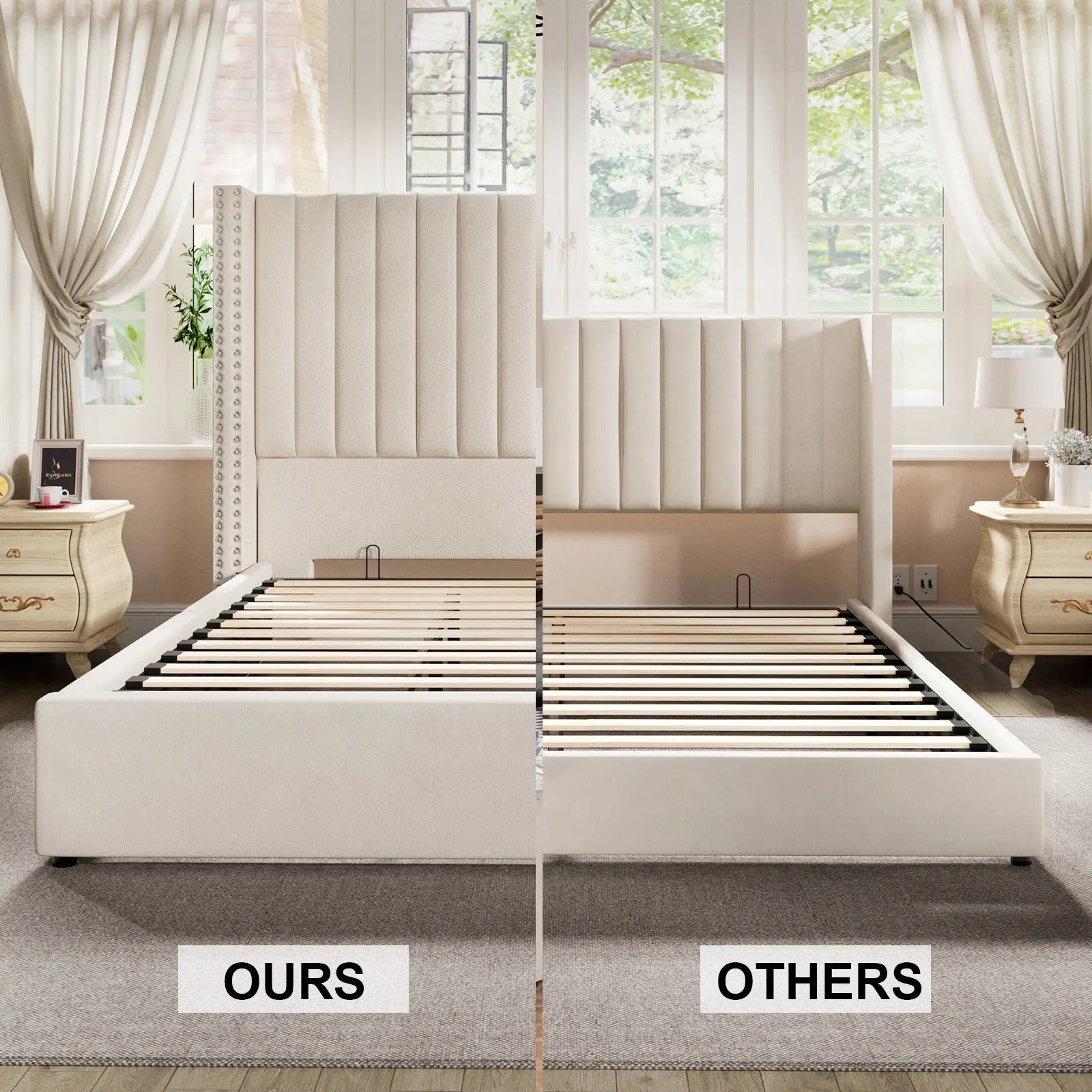 AMERLIFE Bed Frame with Headboard Lift Up Storage Bed, Velvet Upholstered Bed Frame With Channel Tufted Wingback Headboard/Christmas Gift/Best Gift Ideas