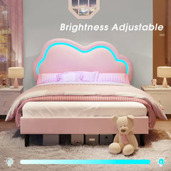 AMERLIFE LED Bed Frame with Adjustable Cloud Headboard, Velvet Upholstered Platform Bed, No Box Spring Needed, Easy Assembly/Christmas Gift/Best Gift Ideas