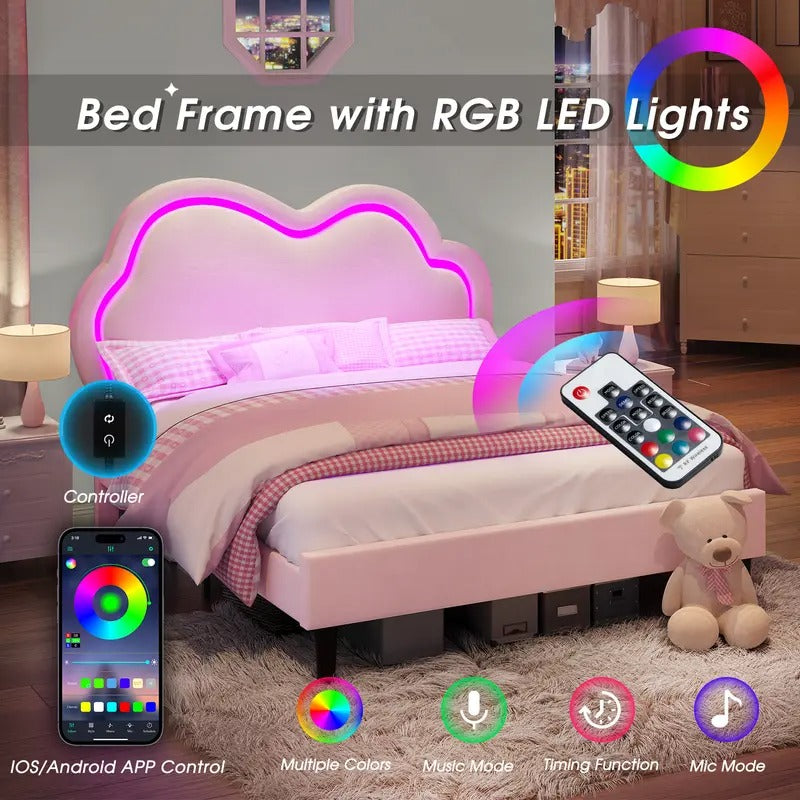 AMERLIFE LED Bed Frame with Adjustable Cloud Headboard, Velvet Upholstered Platform Bed, No Box Spring Needed, Easy Assembly/Christmas Gift/Best Gift Ideas