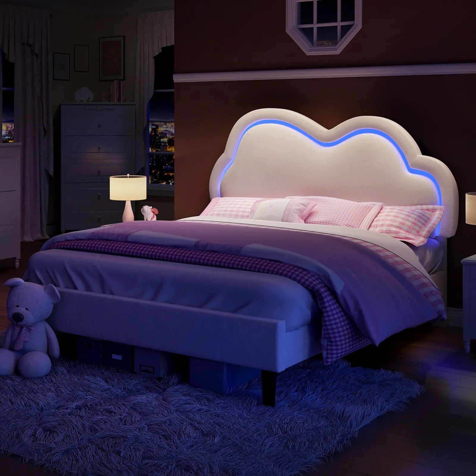 AMERLIFE LED Bed Frame with Adjustable Cloud Headboard, Velvet Upholstered Platform Bed, No Box Spring Needed, Easy Assembly/Christmas Gift/Best Gift Ideas