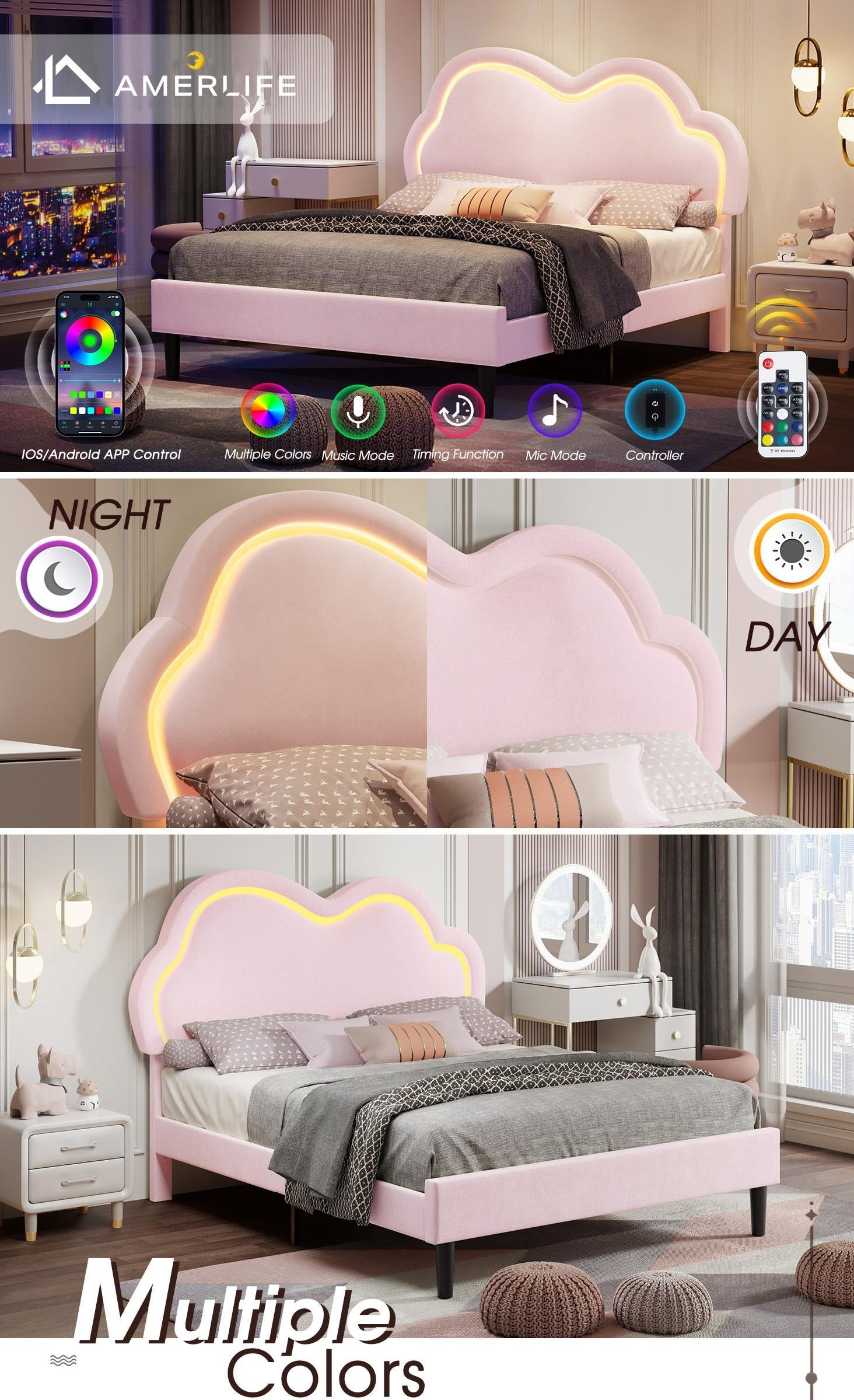 AMERLIFE LED Bed Frame with Adjustable Cloud Headboard, Velvet Upholstered Platform Bed, No Box Spring Needed, Easy Assembly/Christmas Gift/Best Gift Ideas
