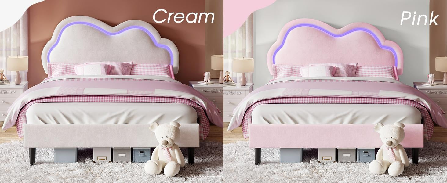 AMERLIFE LED Bed Frame with Adjustable Cloud Headboard, Velvet Upholstered Platform Bed, No Box Spring Needed, Easy Assembly/Christmas Gift/Best Gift Ideas