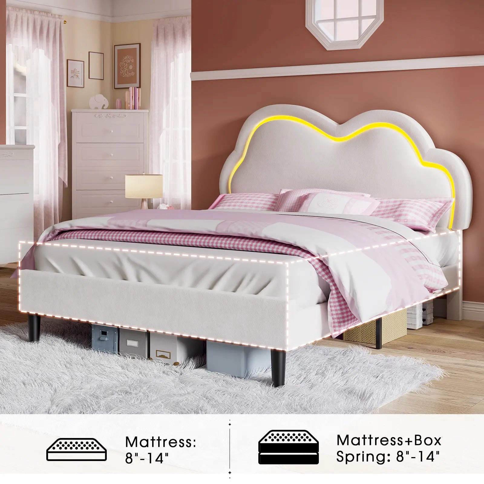 AMERLIFE LED Bed Frame with Adjustable Cloud Headboard, Velvet Upholstered Platform Bed, No Box Spring Needed, Easy Assembly/Christmas Gift/Best Gift Ideas