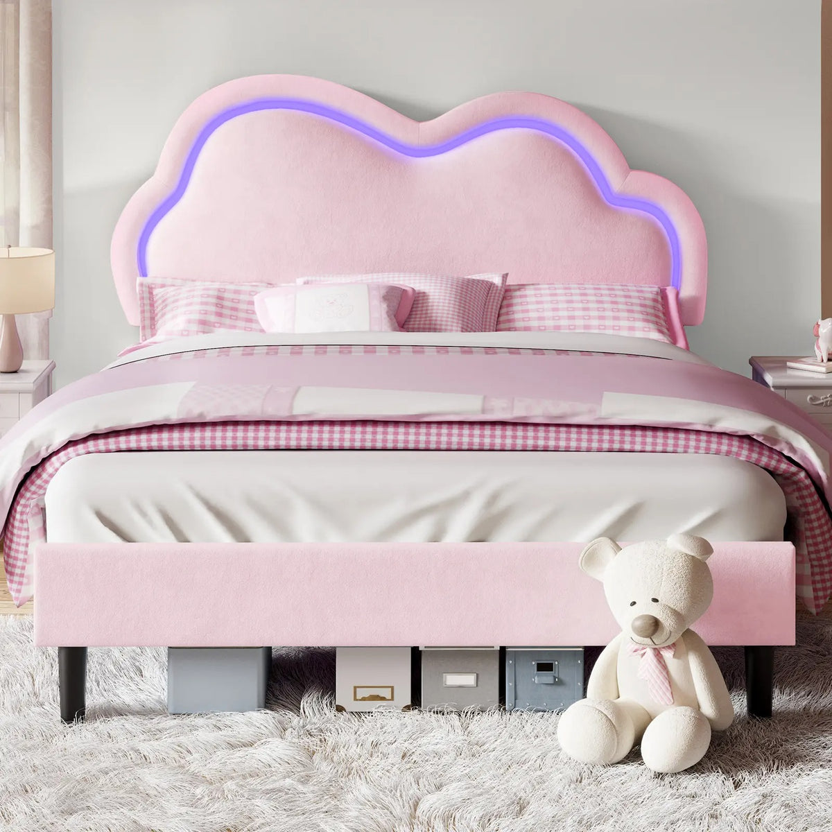 AMERLIFE LED Bed Frame with Adjustable Cloud Headboard, Velvet Upholstered Platform Bed, No Box Spring Needed, Easy Assembly/Christmas Gift/Best Gift Ideas