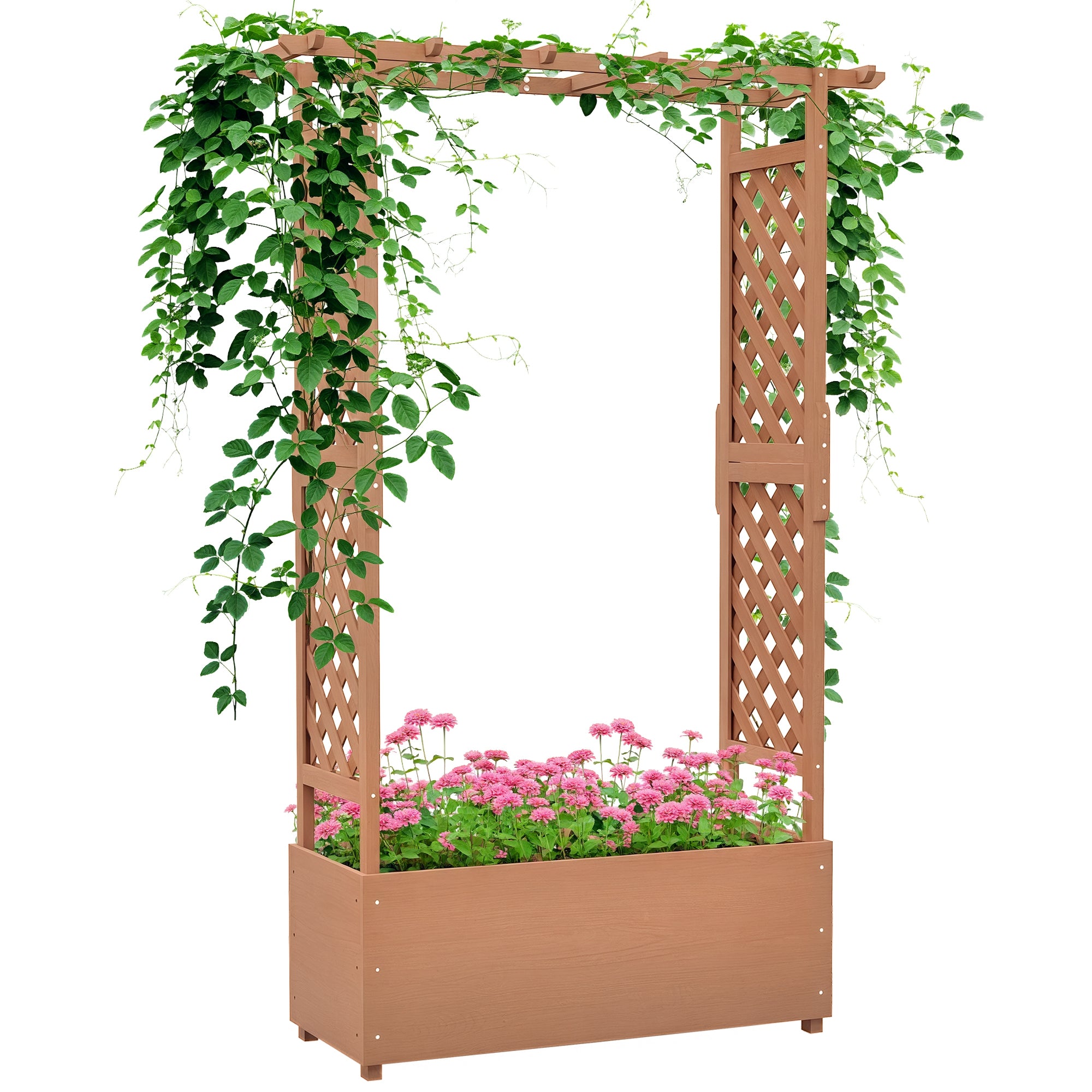 Outsunny Raised Garden Bed with Trellises and Roof for Climbing Plant Vine, Hanging Flowers, 70.75" Tall Outdoor Wood Planter Box with Drainage & Filter