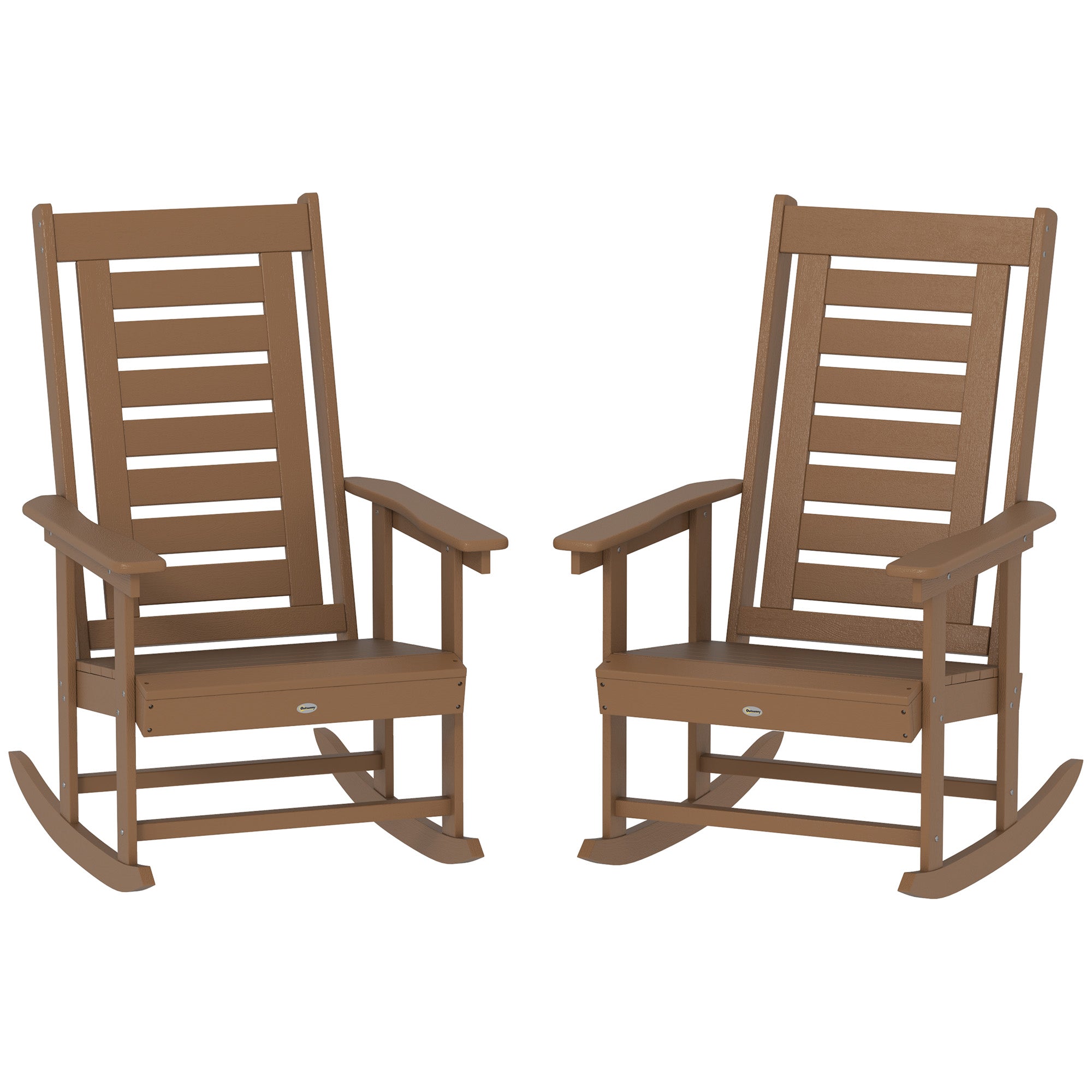 Outsunny 2 Pieces Outdoor Rocking Chairs, HDPE Patio Rockers with 28" High Back, Wide Armrests for Porch Backyard, Brown