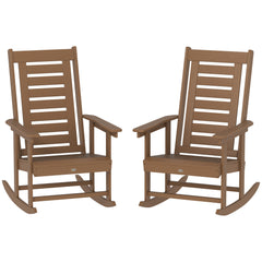 Outsunny 2 Pieces Outdoor Rocking Chairs, HDPE Patio Rockers with 28" High Back, Wide Armrests for Porch Backyard, Brown