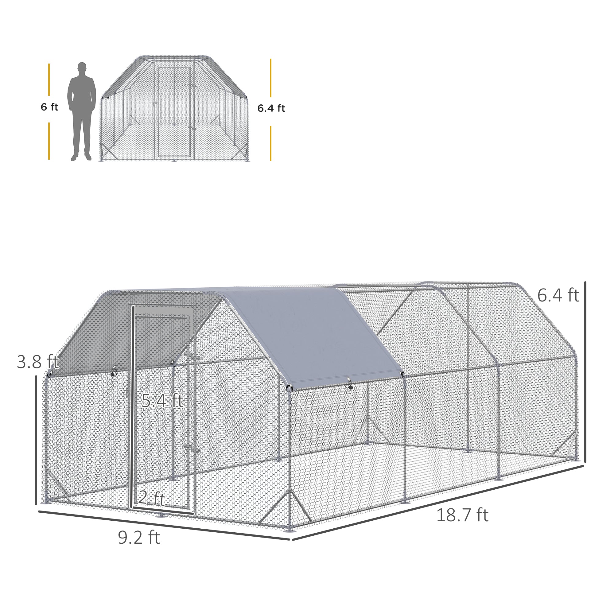 PawHut Large Chicken Coop Metal Chicken Run with Waterproof and Anti-UV Cover, Flat Shaped Walk in Fence Cage Hen House for Outdoor and Yard Farm Use, 1" Tube Diameter, 9.2' x 18.7' x 6.4'