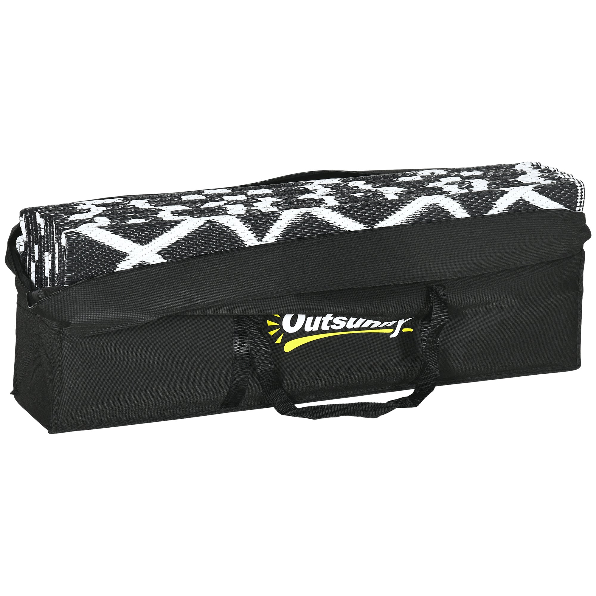 Outsunny Reversible Outdoor Rug Carpet RV Camping Rugs with Carry Bag, 9' x 18', Black & White Clover
