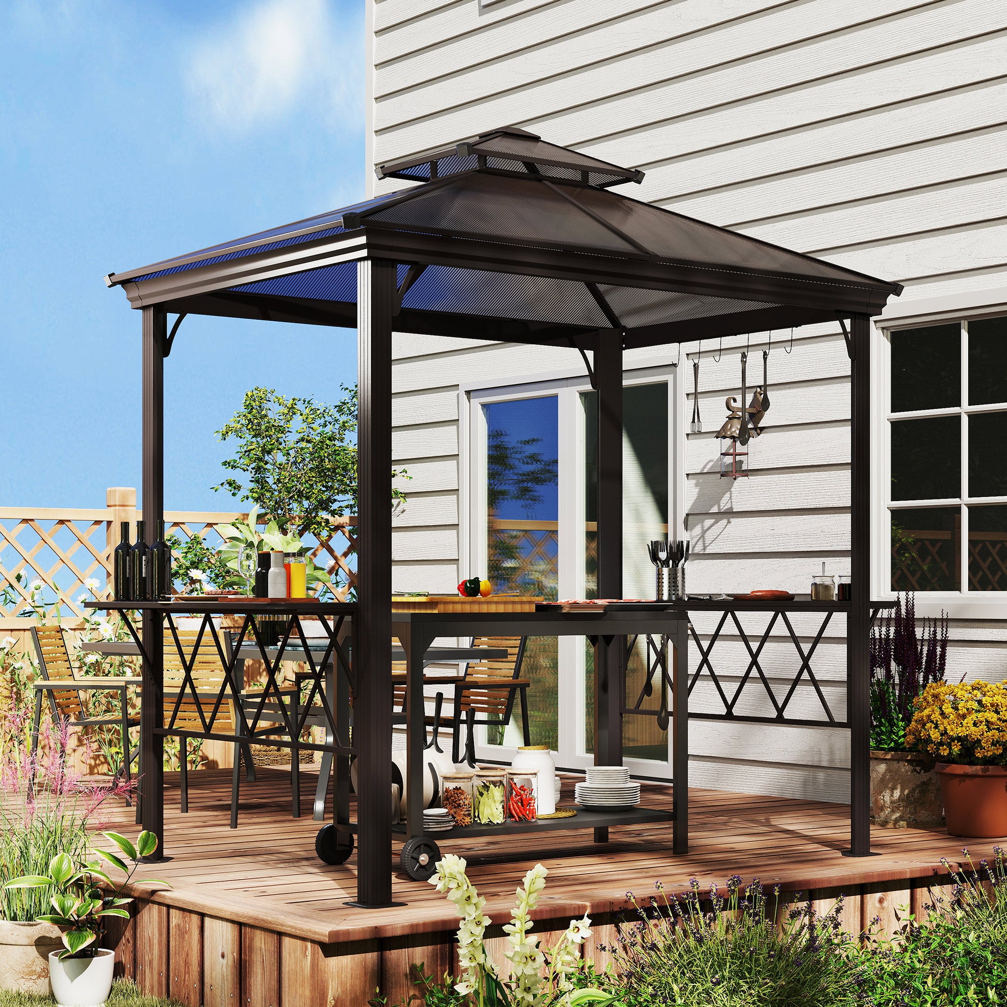 Outsunny Outside Porch BBQ Cooking Pergola Canopy with 6 Hooks for Utensils and Double Venting Roof, Coffee
