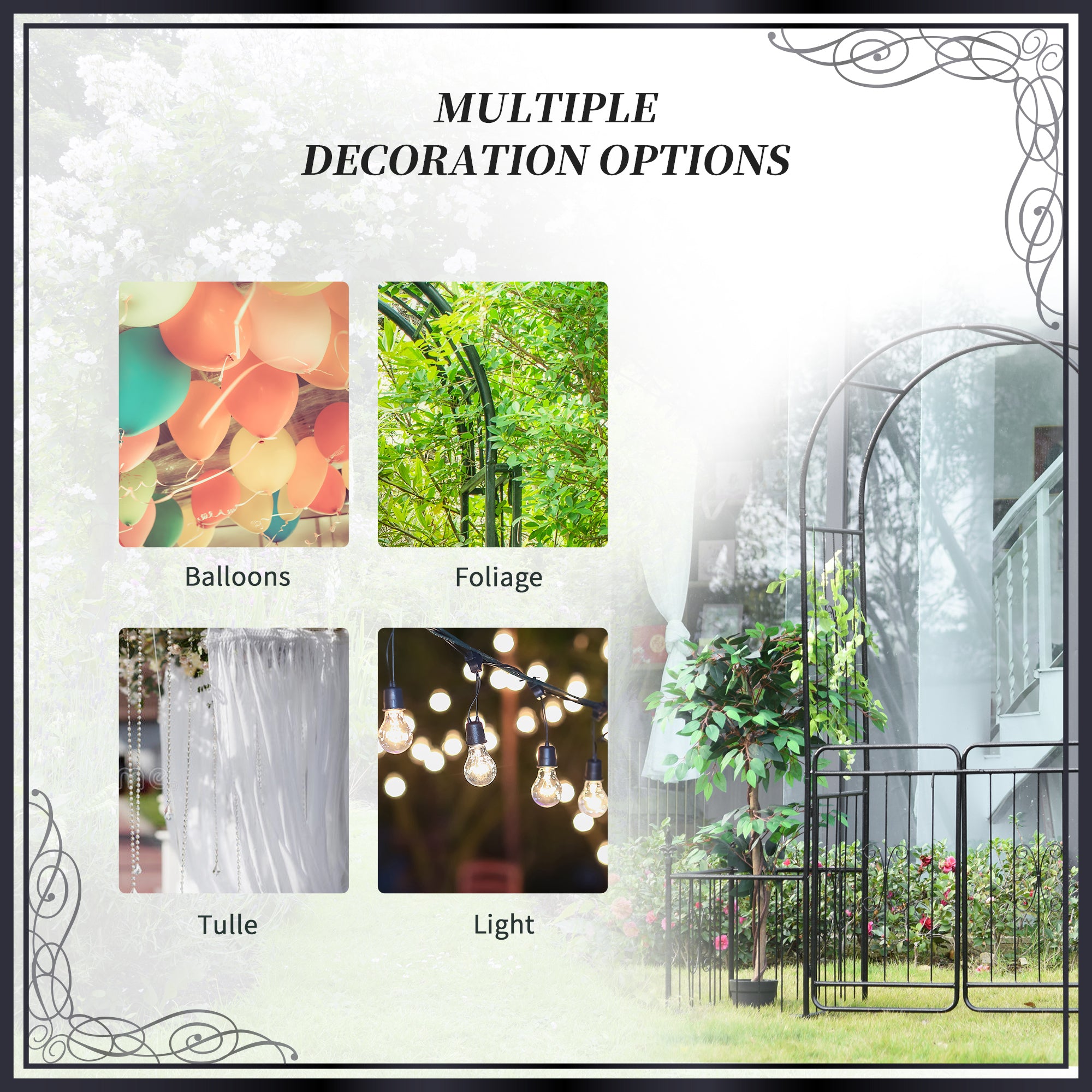 Outsunny 86" Garden Arch Arbor, Metal Arch Trellis with Gate and Planter Baskets, Garden Archway for Climbing Vines, Wedding Ceremony Decoration, Flourishes & Arrow Tips, Black