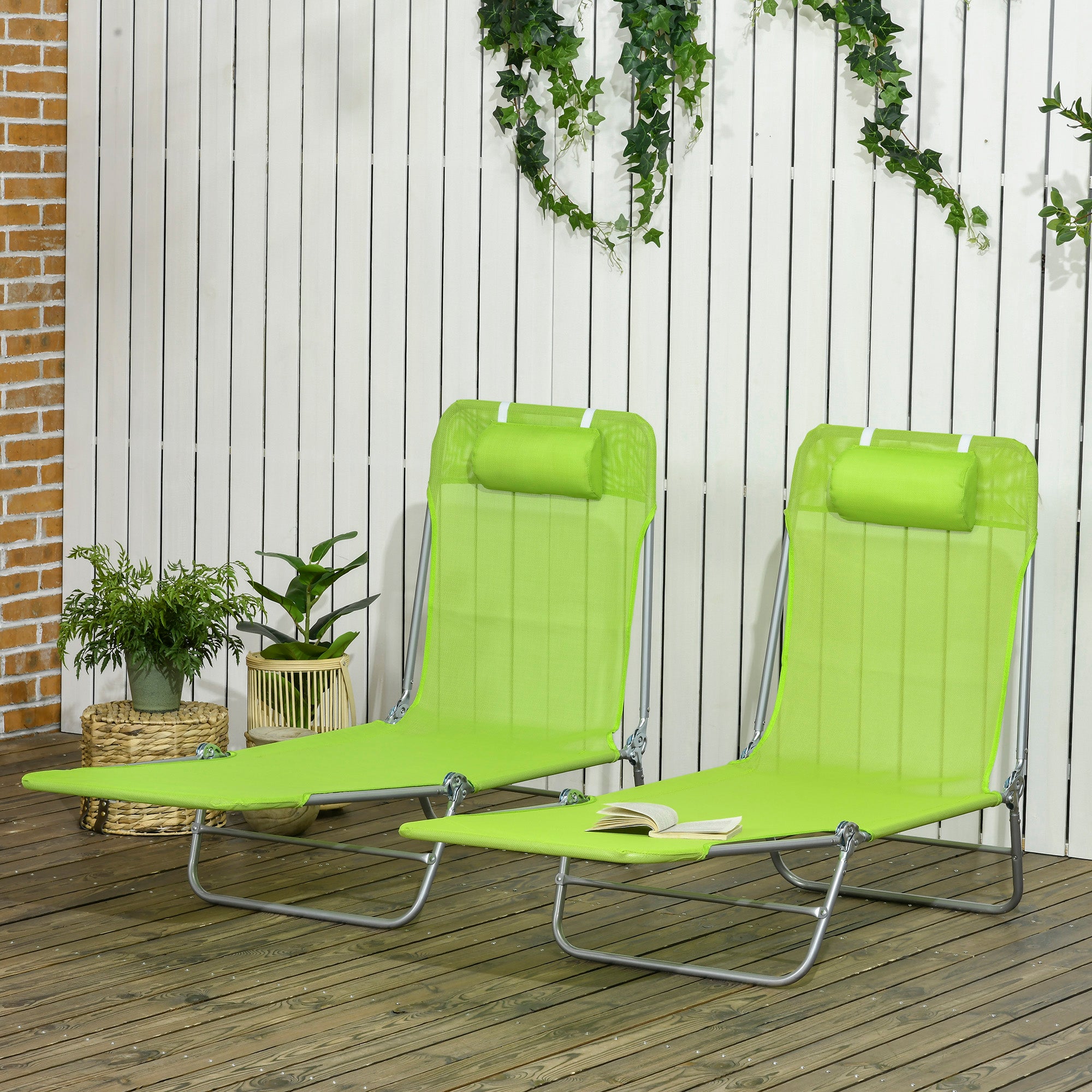 Outsunny 2 Piece Folding Chaise Lounge Chairs, Pool Sun Tanning Chairs with Reclining Back, Breathable Mesh Seat, Headrest for Beach, Yard, Patio, Green