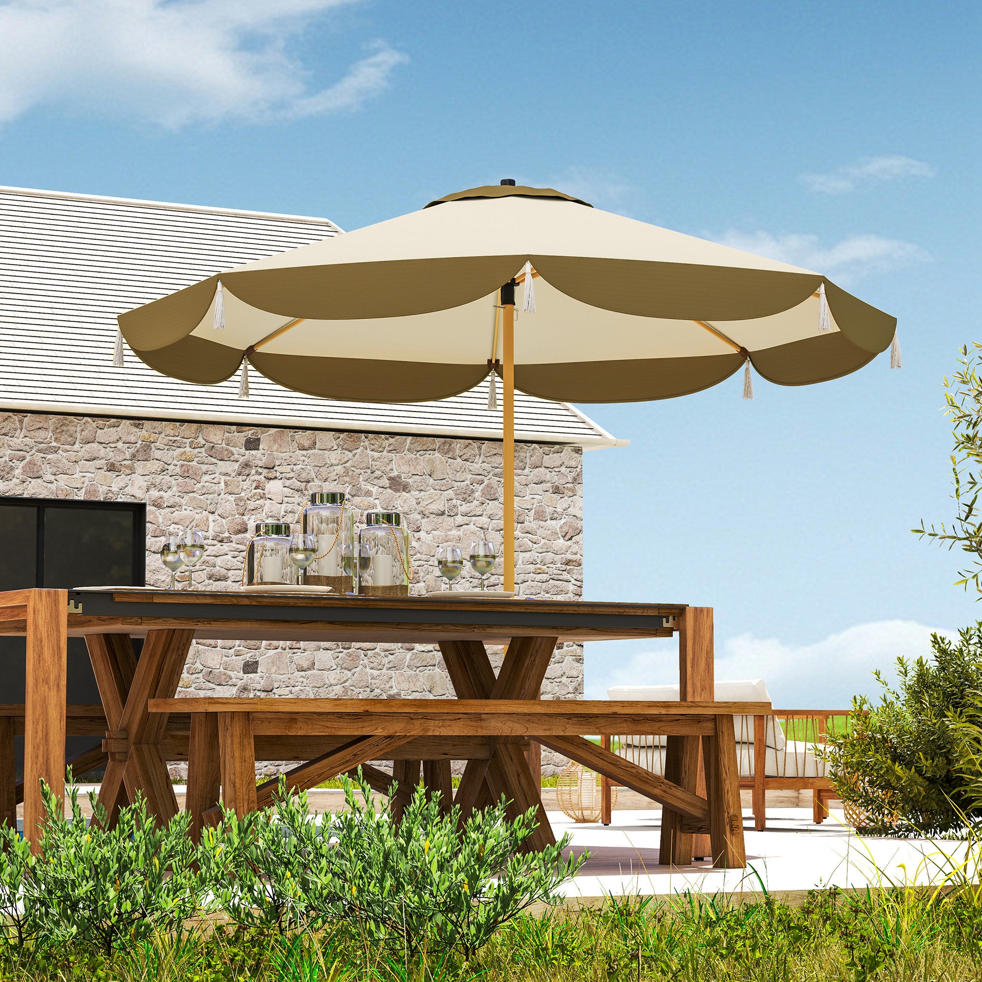 Outsunny 9FT Patio Umbrella, UPF 50+ Outdoor Market Umbrella with 8 Ribs, Vented Outdoor Table Umbrella for Deck, Backyard and Lawn, Cream White