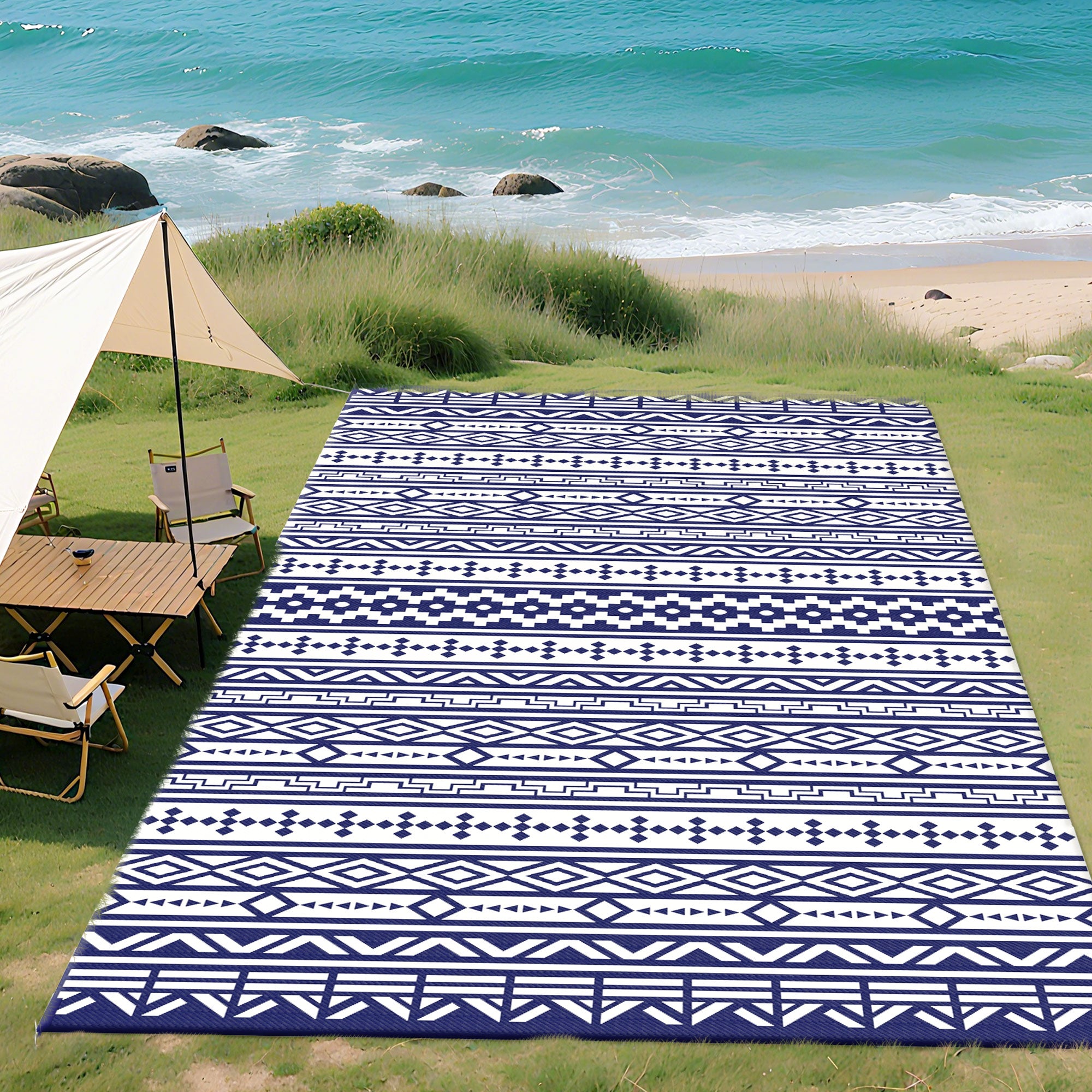Outsunny Reversible Outdoor Rug, Waterproof Plastic Straw with Carry Bag, 9' x 18', Blue & White Geometric Wall