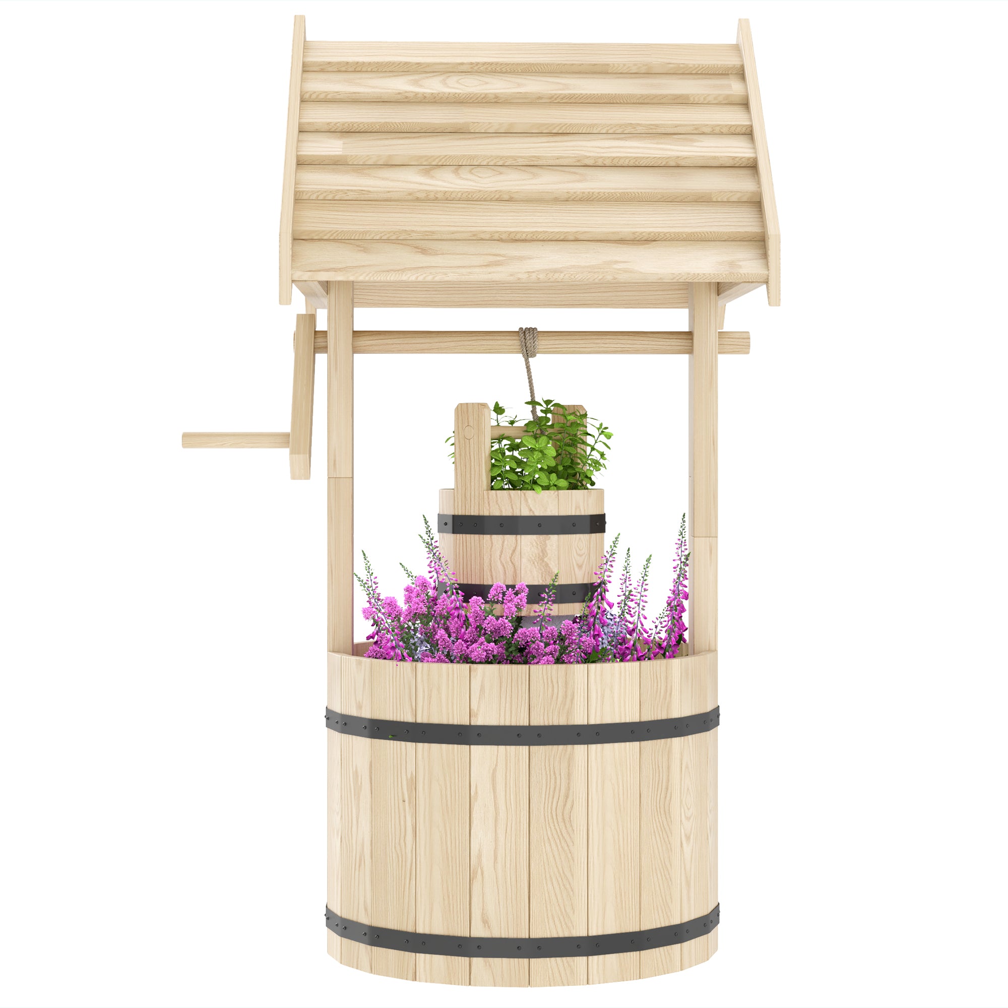 Outsunny Wood Wishing Well for Outside with Hanging Bucket, Wishing Well Planter with Drain Hole for Garden Patio, Natural