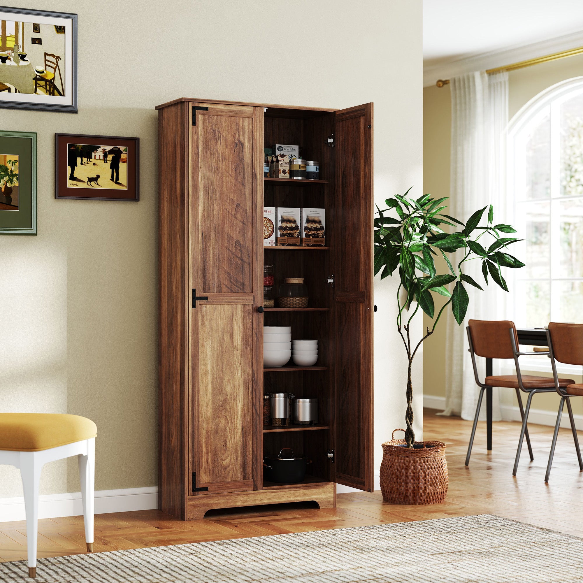 HOMCOM 72" Farmhouse Pantry Cabinet, Freestanding Food Pantry Cabinet with Adjustable Shelves, Brown