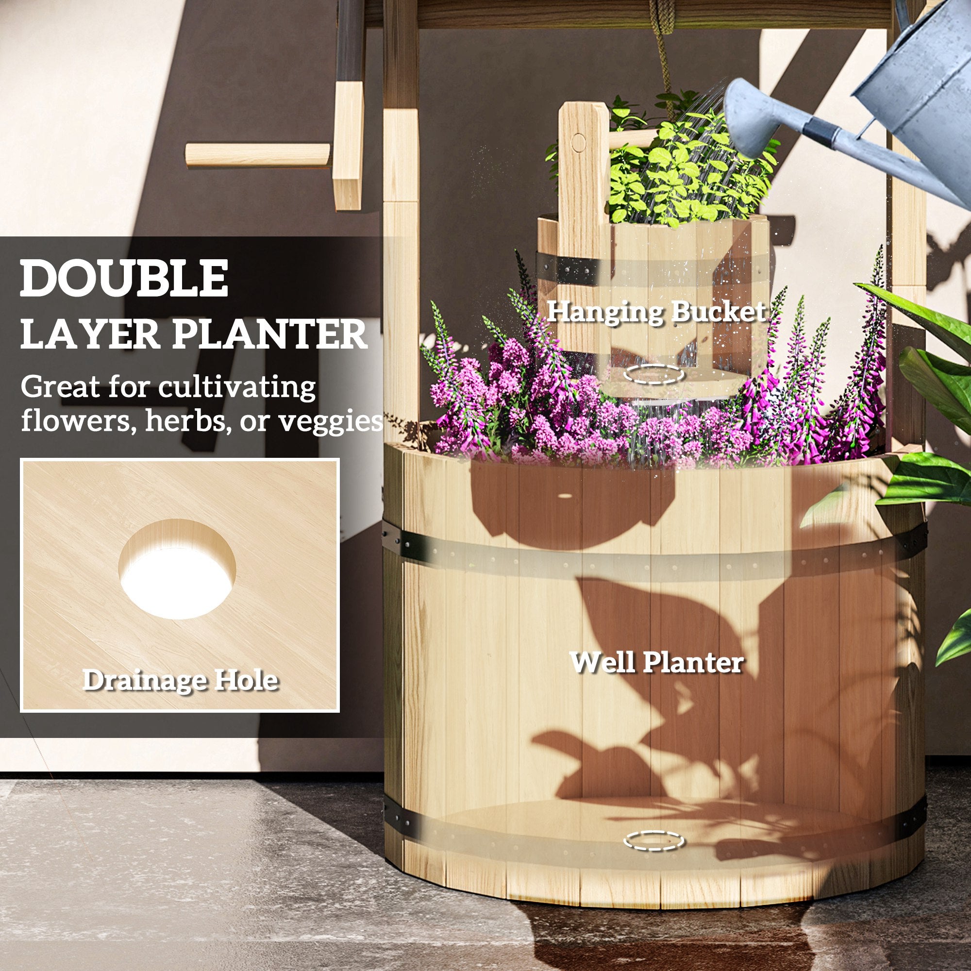 Outsunny Wood Wishing Well for Outside with Hanging Bucket, Wishing Well Planter with Drain Hole for Garden Patio, Natural