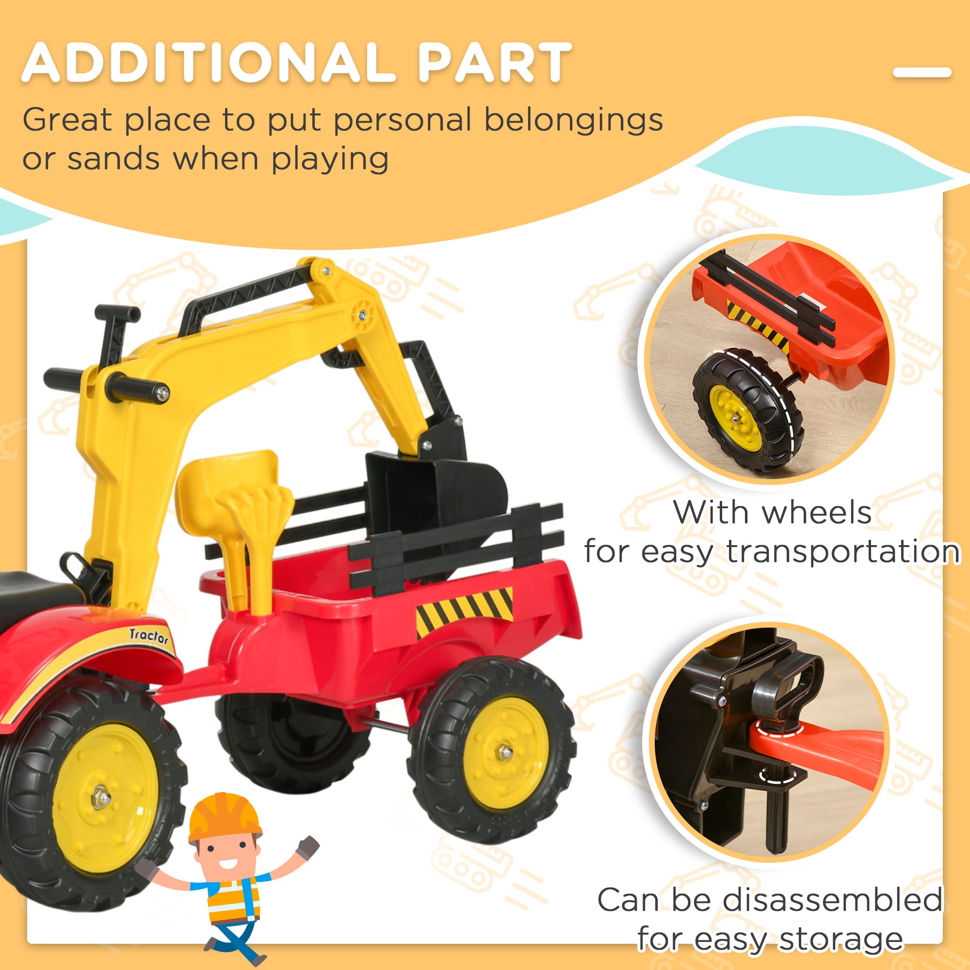 Aosom 3 in1 Kids Ride On Bulldozer Excavator Toy with 6 Wheels Controllable Cargo Trailer Easy Pedal Controls for 3-6 Years