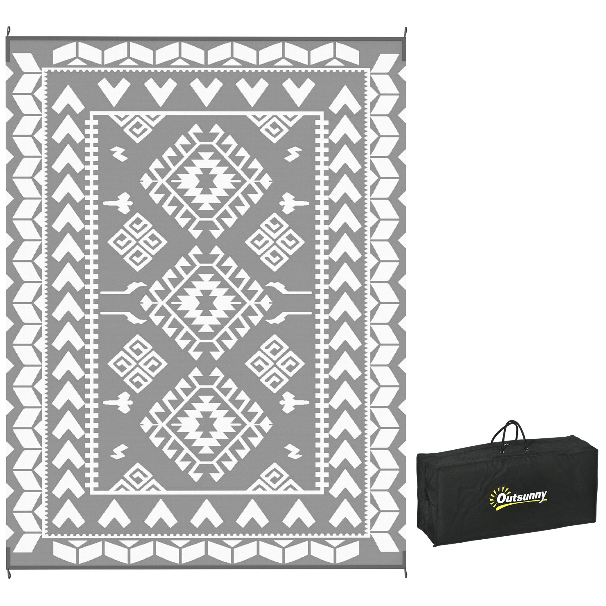 Outsunny Reversible Outdoor Rug, Waterproof Plastic Straw with Carry Bag, 9' x 12', Gray & White Rhombus Patchwork