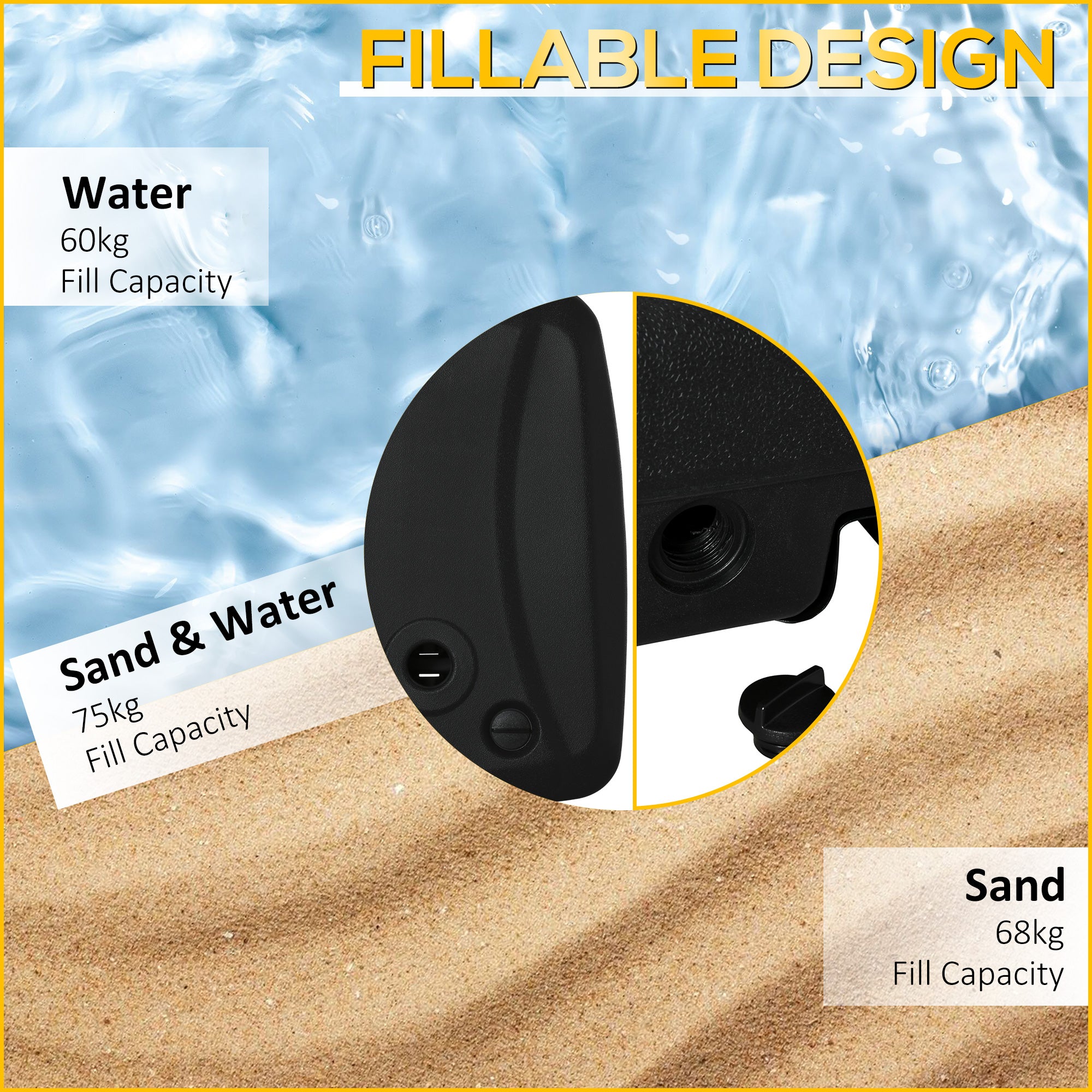 Outsunny Cantilever Offset Umbrella Base Portable Square Parasol Weights with Wheels, Water and Sand Filled, Up to 165 lbs, Black