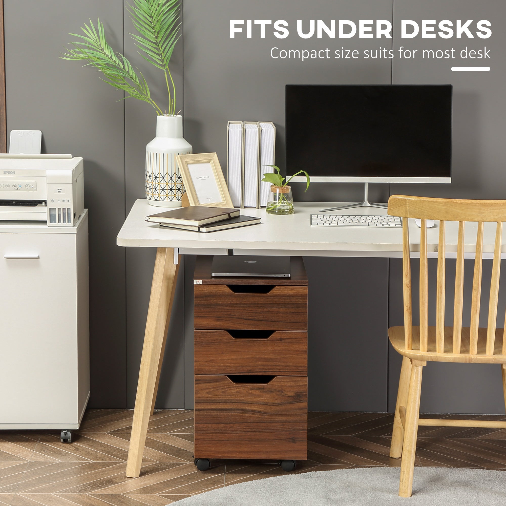 HOMCOM 3 Drawer Mobile File Cabinet, Rolling Printer Stand, Vertical Filing Cabinet, Brown Wood Grain