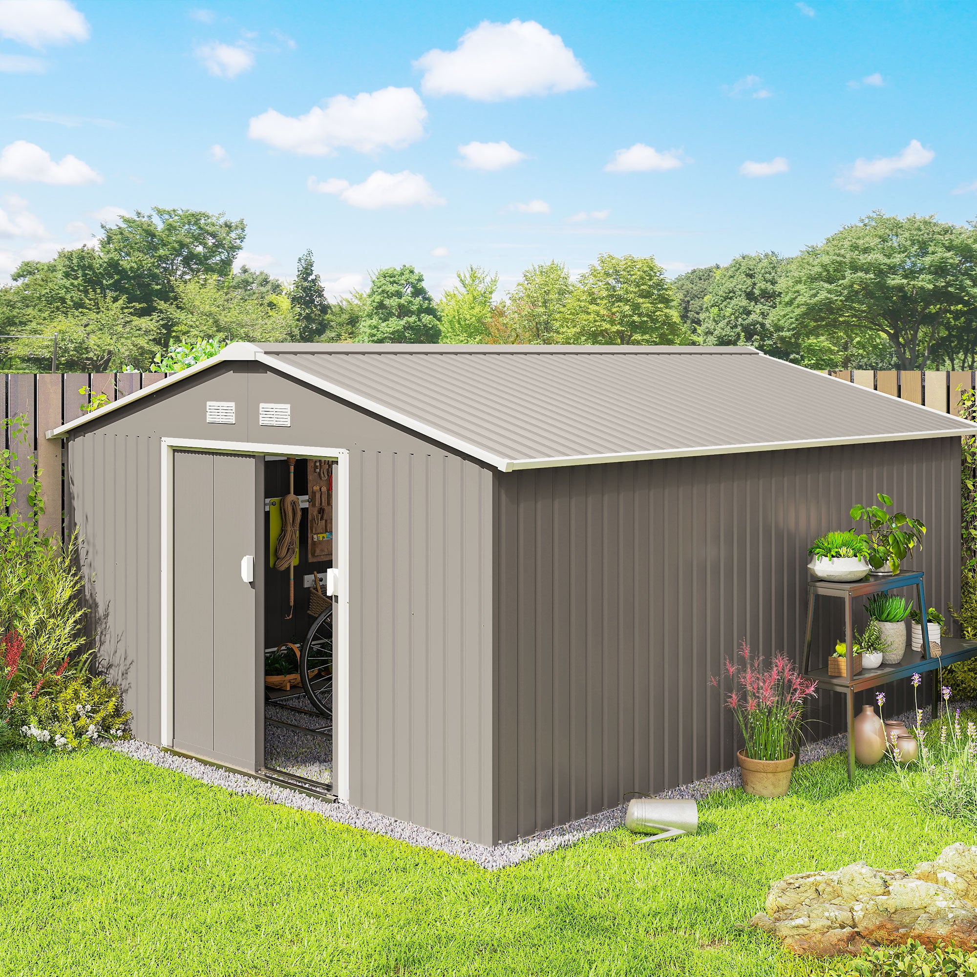 Outsunny Garden Metal Shed, Storage Shed Utility Storage with Double Locking Doors for Bike, Yard Tools, Light Gray