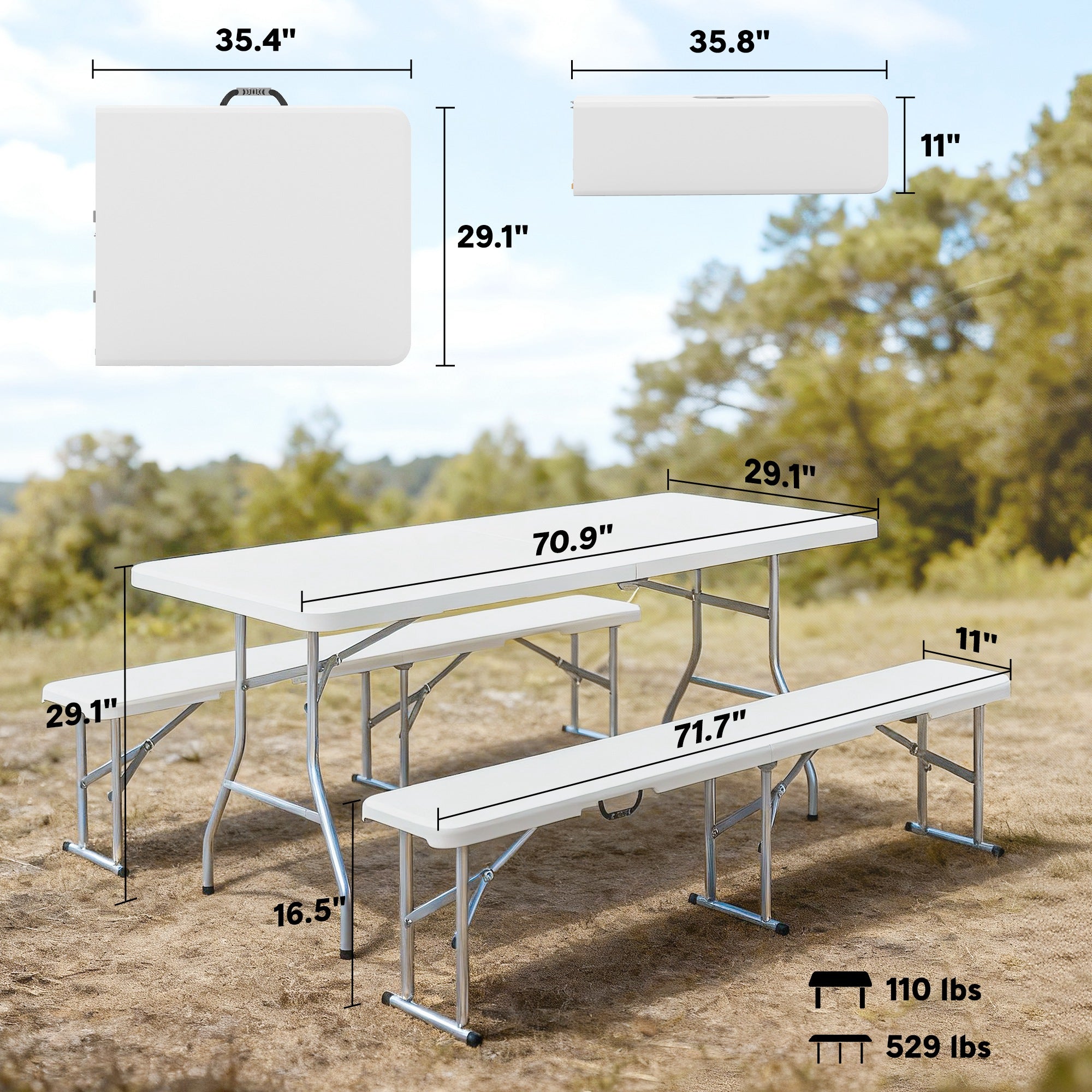 Outsunny 6FT 3 PCS Portable Camping Table and Chairs, Folding Picnic Table Bench Set with Carrying Handles for BBQ, Party, White
