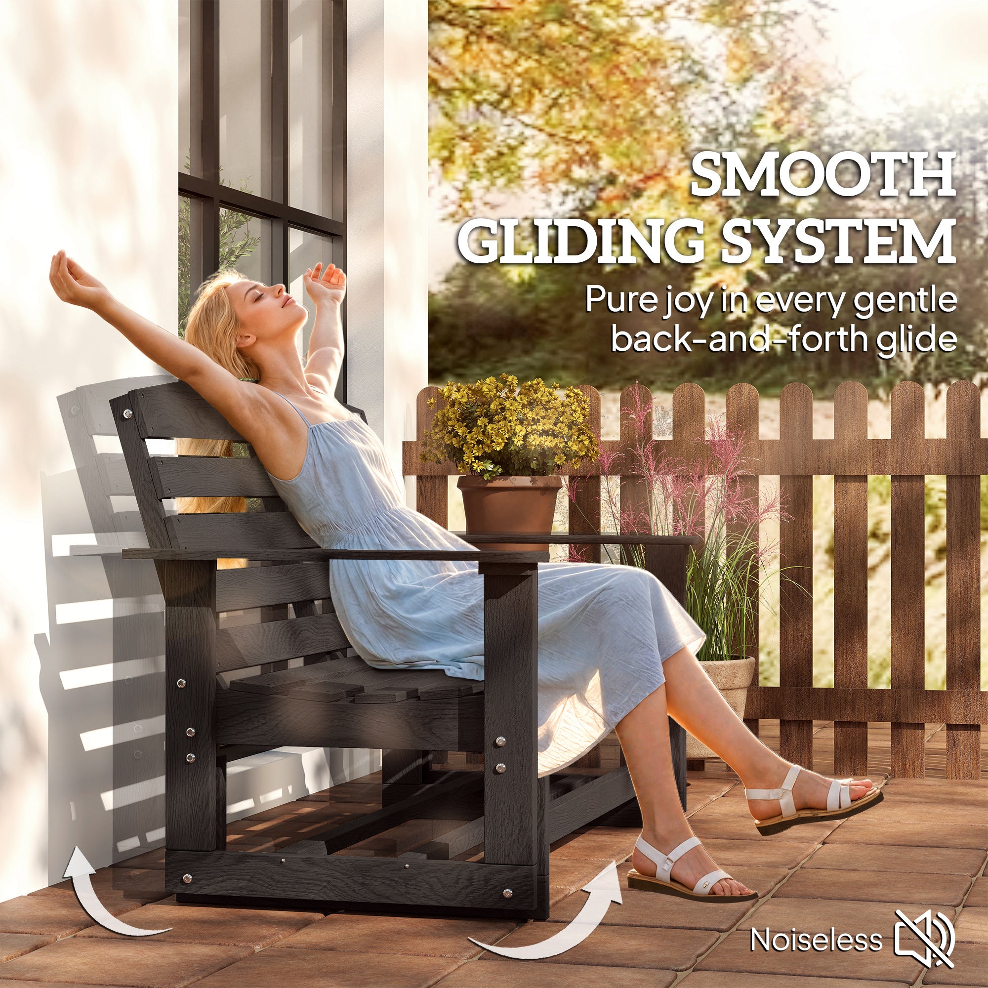 Outsunny Patio Glider Bench w/ HDPE Slatted Double Rocking Chair, Distressed Black