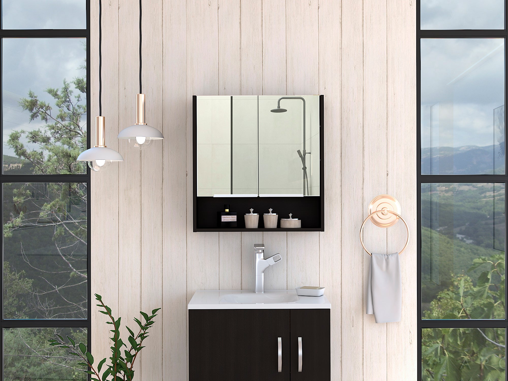 Jaspe Mirror Cabinet, Three Internal Shelves, One Open Shelf, Double Door Cabinet -Black