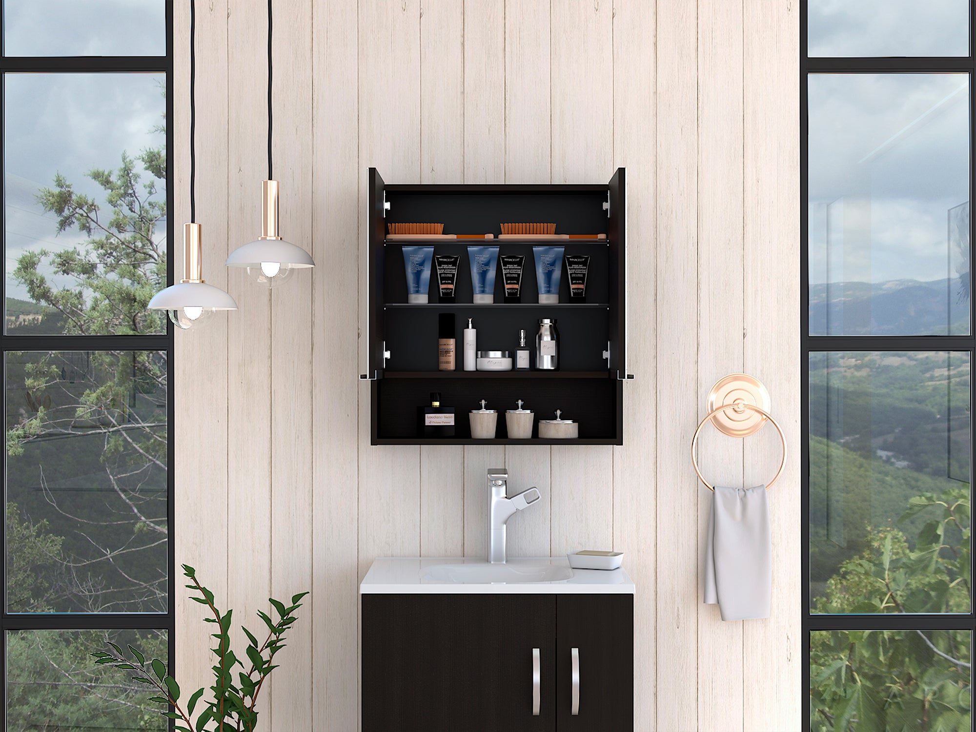 Jaspe Mirror Cabinet, Three Internal Shelves, One Open Shelf, Double Door Cabinet -Black