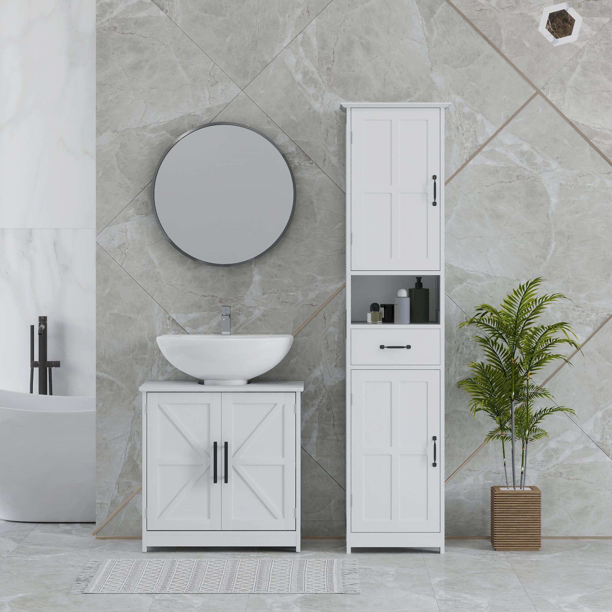 HOMCOM Farmhouse Pedestal Sink Storage Cabinet, Bathroom Sink Cabinet with 2 Barn Doors and Adjustable Shelf, White