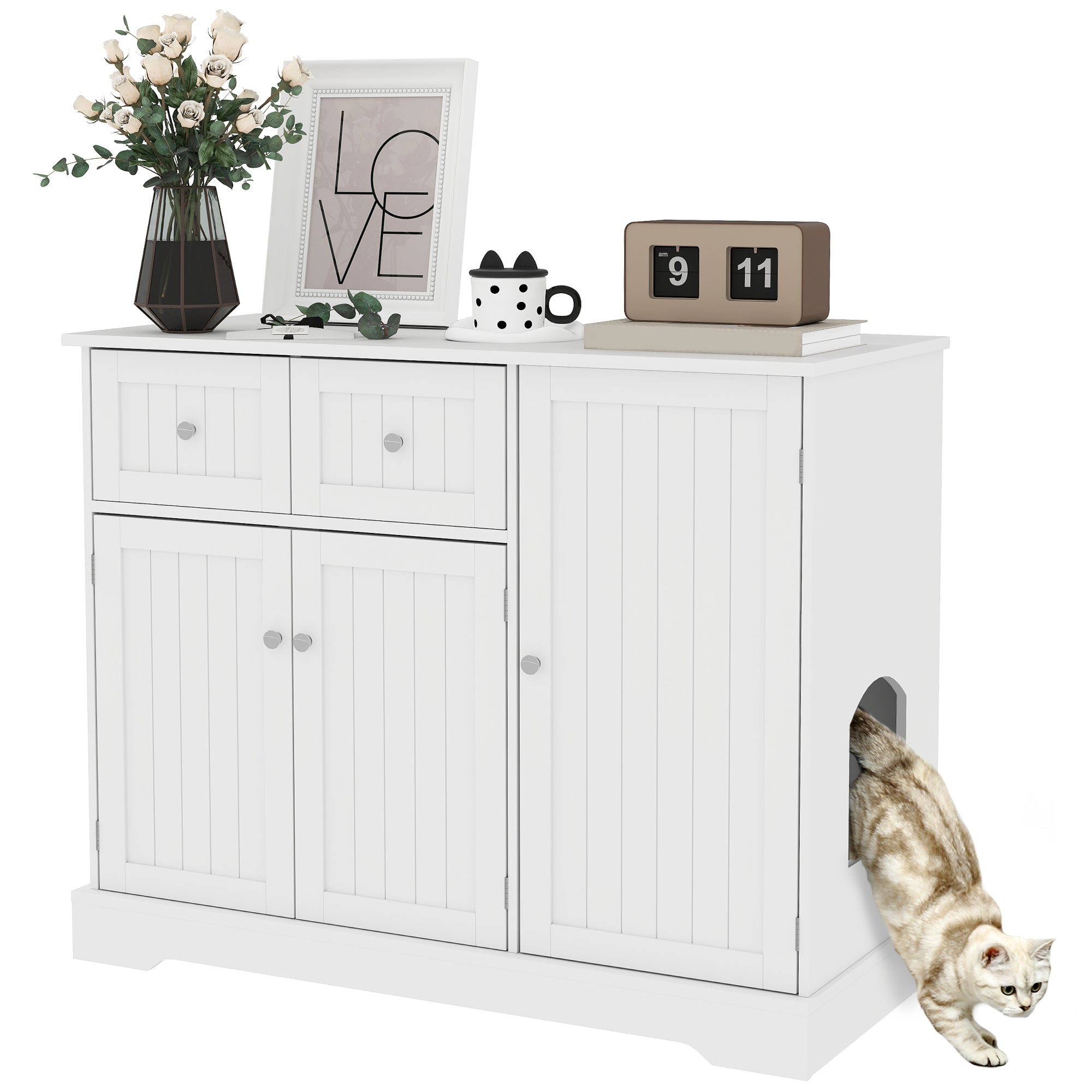PawHut Cat Litter Box Enclosure with Drawers, Storage, Anti-tip Kit, 39" x 18" x 31.5", White