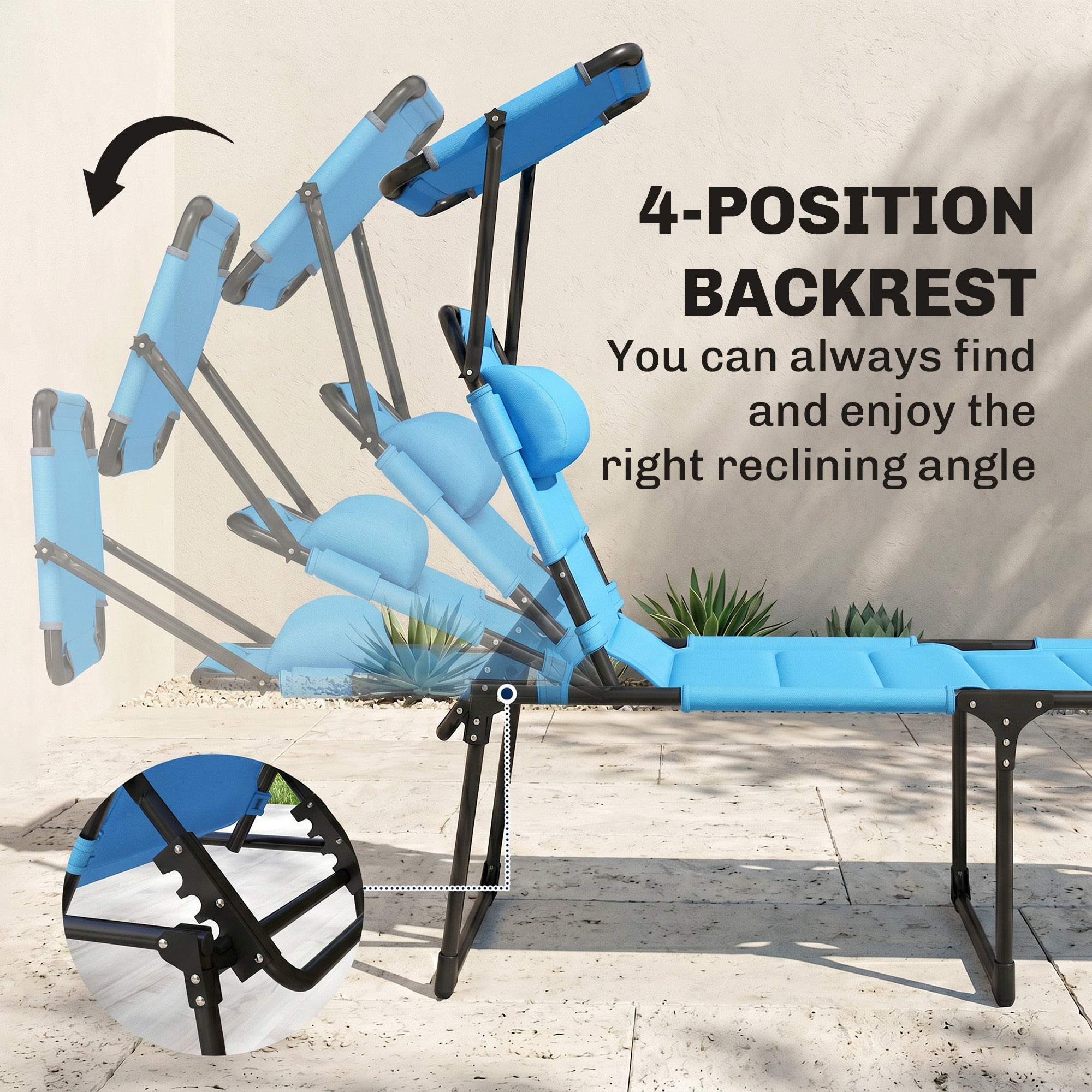 Outsunny Outdoor Lounge Chair, 4 Position Adjustable Backrest, Folding, Cushioned w/ Sun Shade Roof & Pillow, Blue