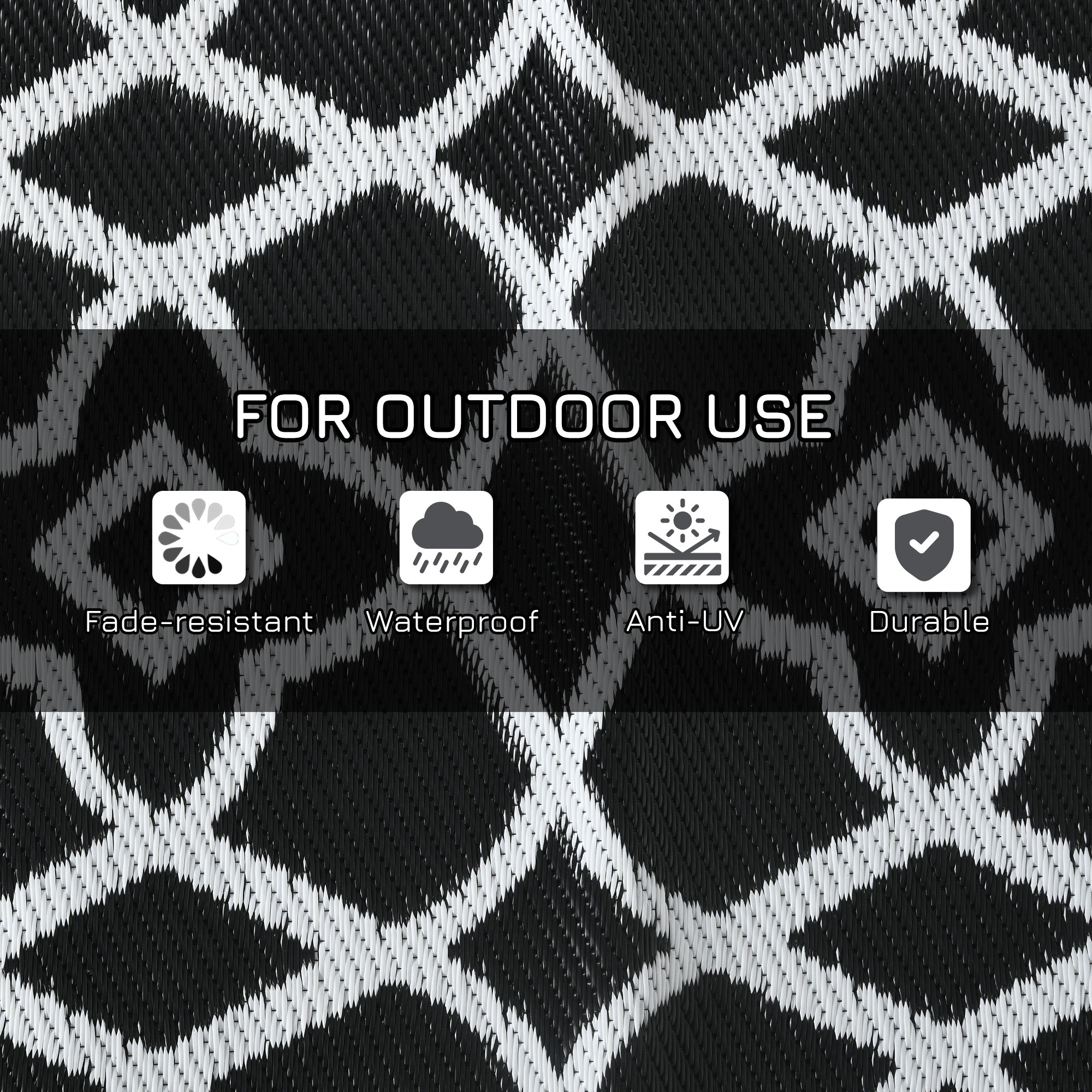 Outsunny Reversible Outdoor Rug Carpet RV Camping Rugs with Carry Bag, 9' x 18', Black & White Clover