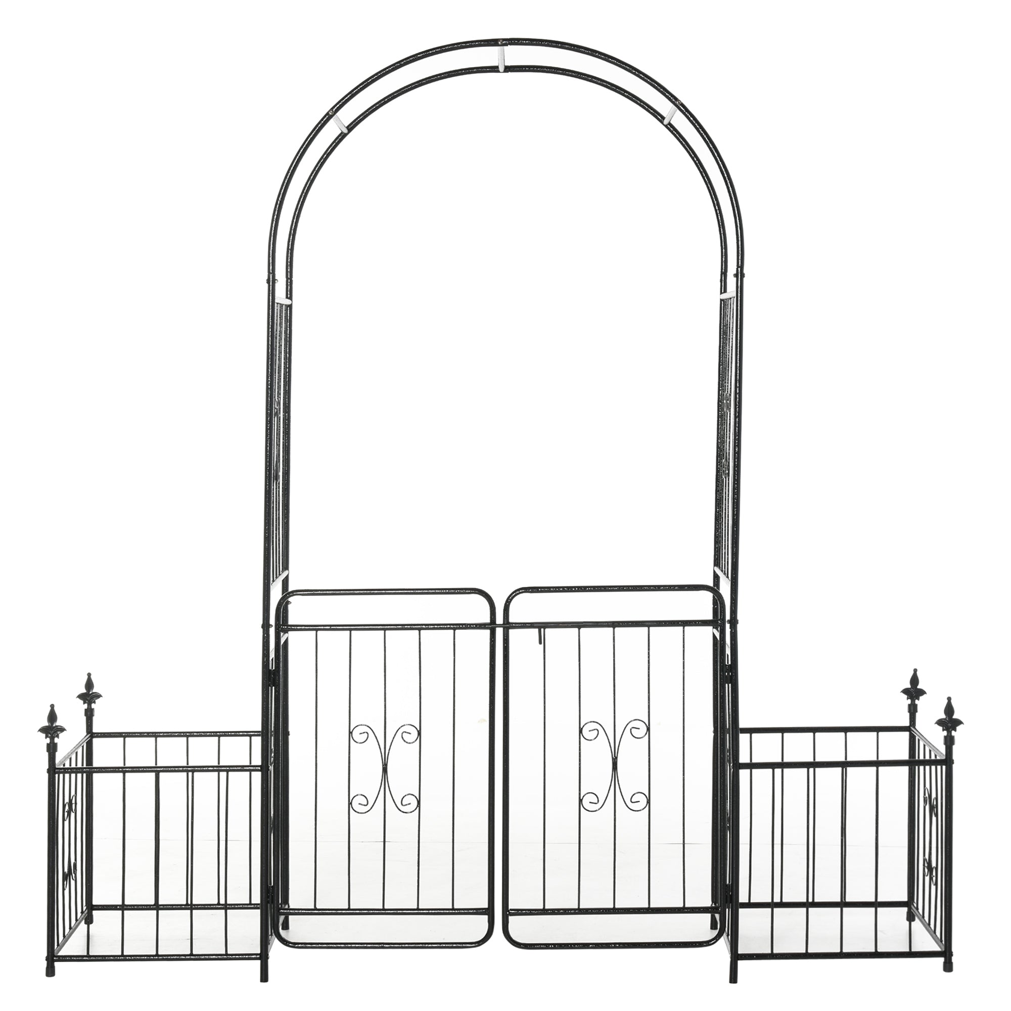 Outsunny 86" Garden Arch Arbor, Metal Arch Trellis with Gate and Planter Baskets, Garden Archway for Climbing Vines, Wedding Ceremony Decoration, Flourishes & Arrow Tips, Black