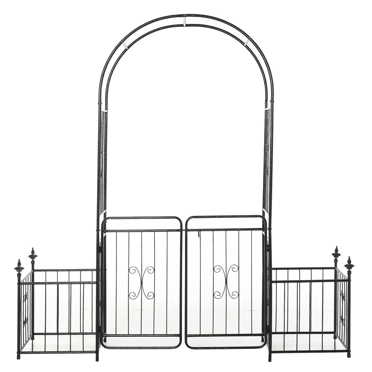 Outsunny 86" Garden Arch Arbor, Metal Arch Trellis with Gate and Planter Baskets, Garden Archway for Climbing Vines, Wedding Ceremony Decoration, Flourishes & Arrow Tips, Black